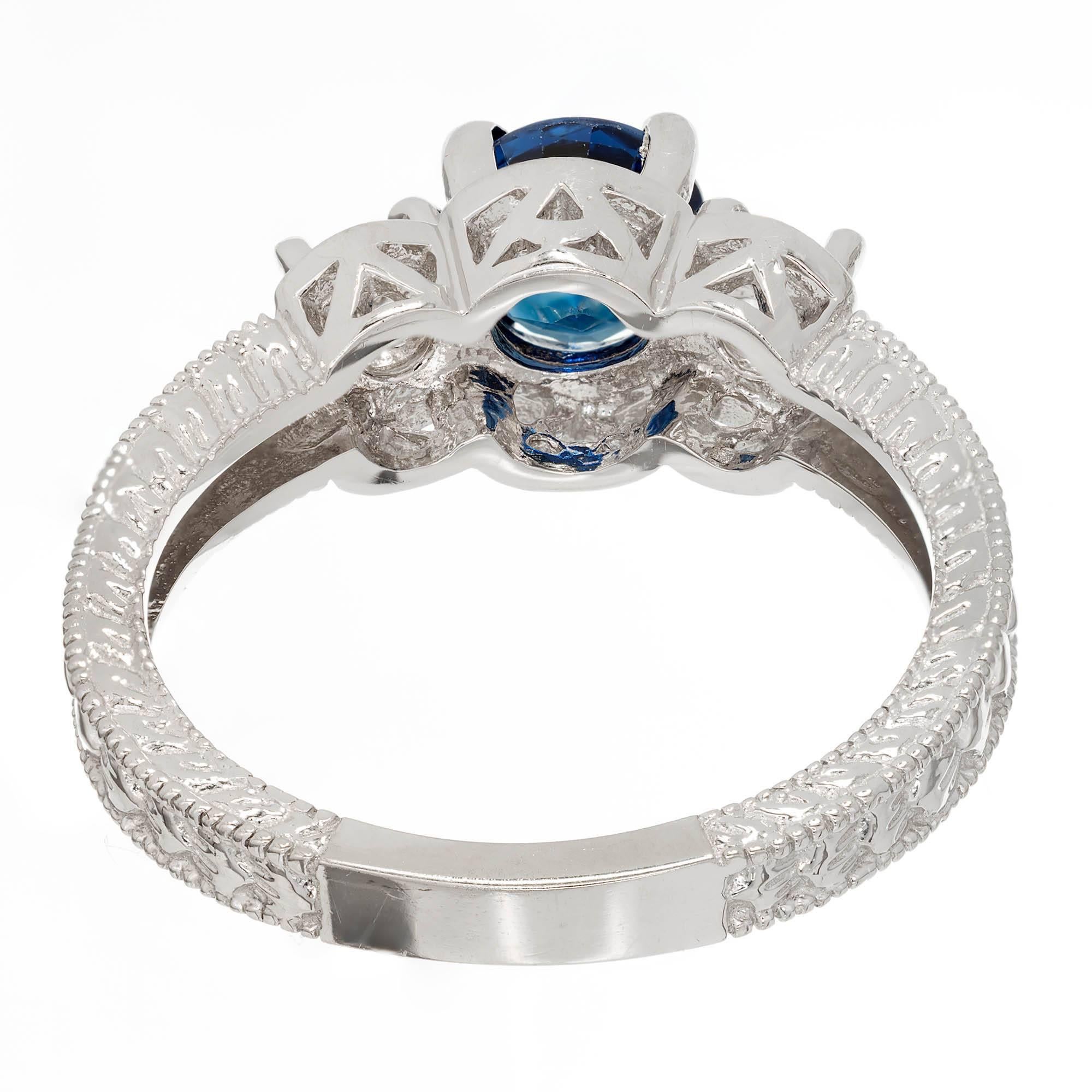 GIA Certified 1.38 Carat Blue Sapphire Diamond Gold Three-Stone Engagement Ring 2