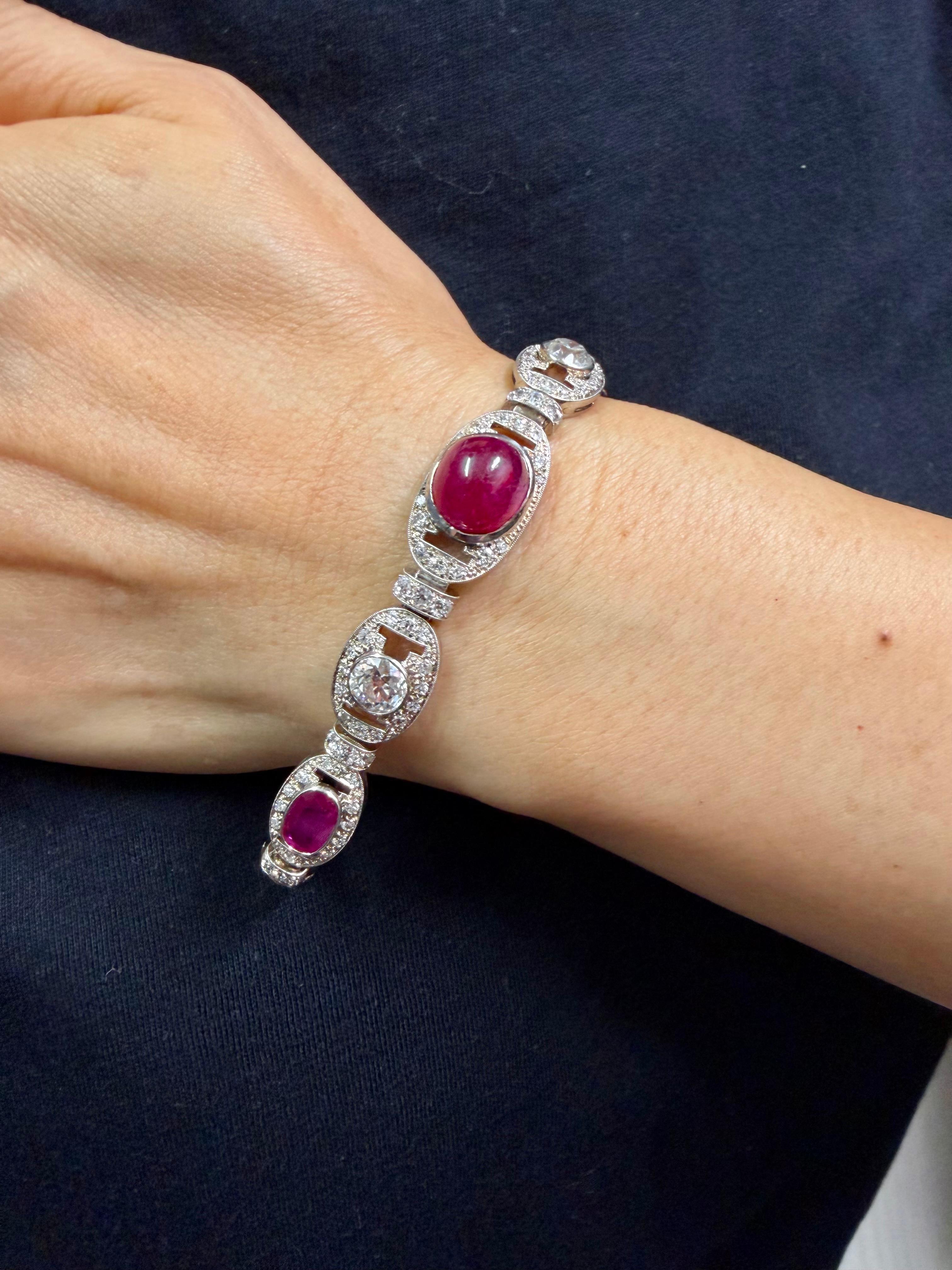 GIA Cert Burma No Heat Ruby, Old Euro Diamond Art Deco Armband. Französisches Gütesiegel im Angebot 5