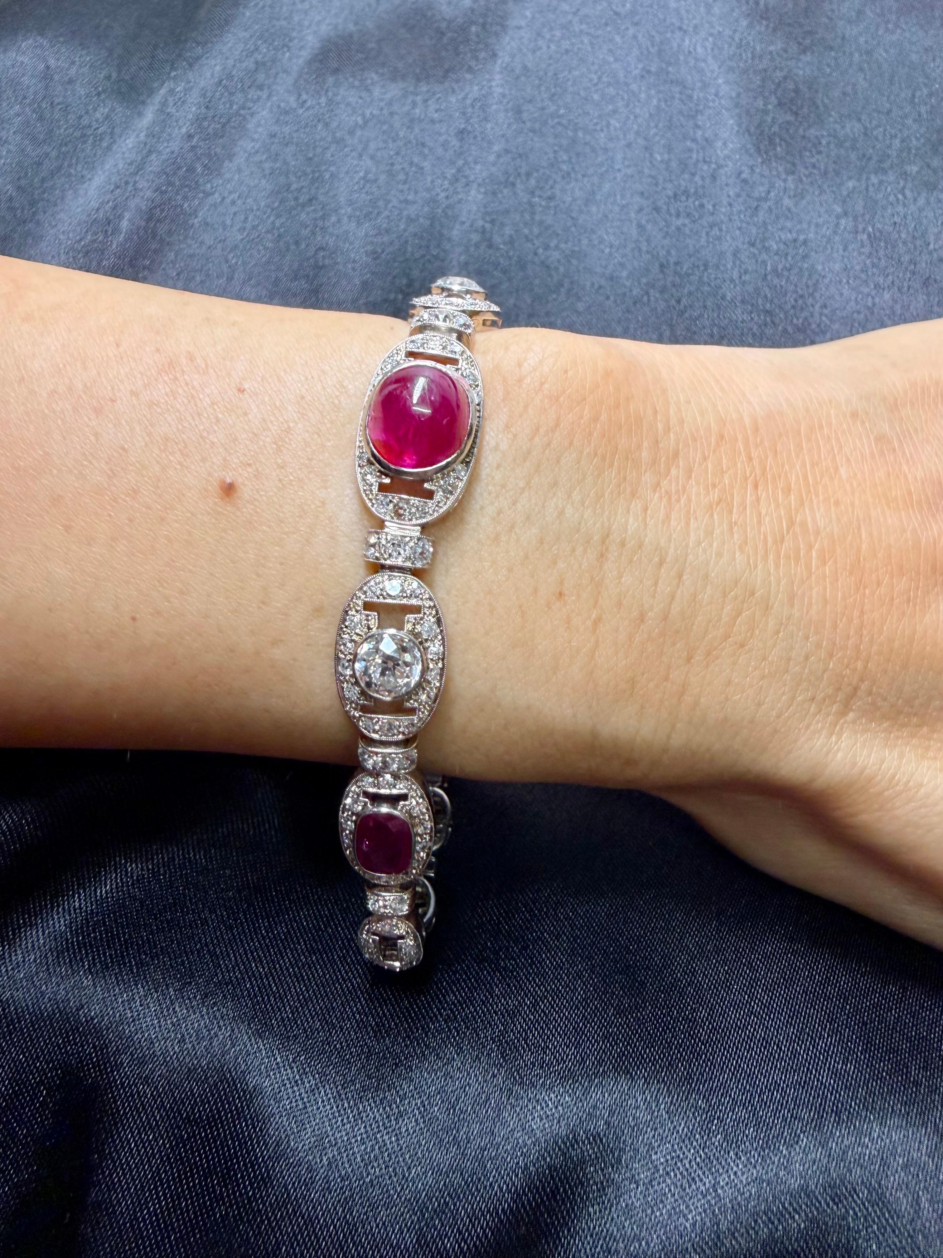 GIA Cert Burma No Heat Ruby, Old Euro Diamond Art Deco Armband. Französisches Gütesiegel im Angebot 7