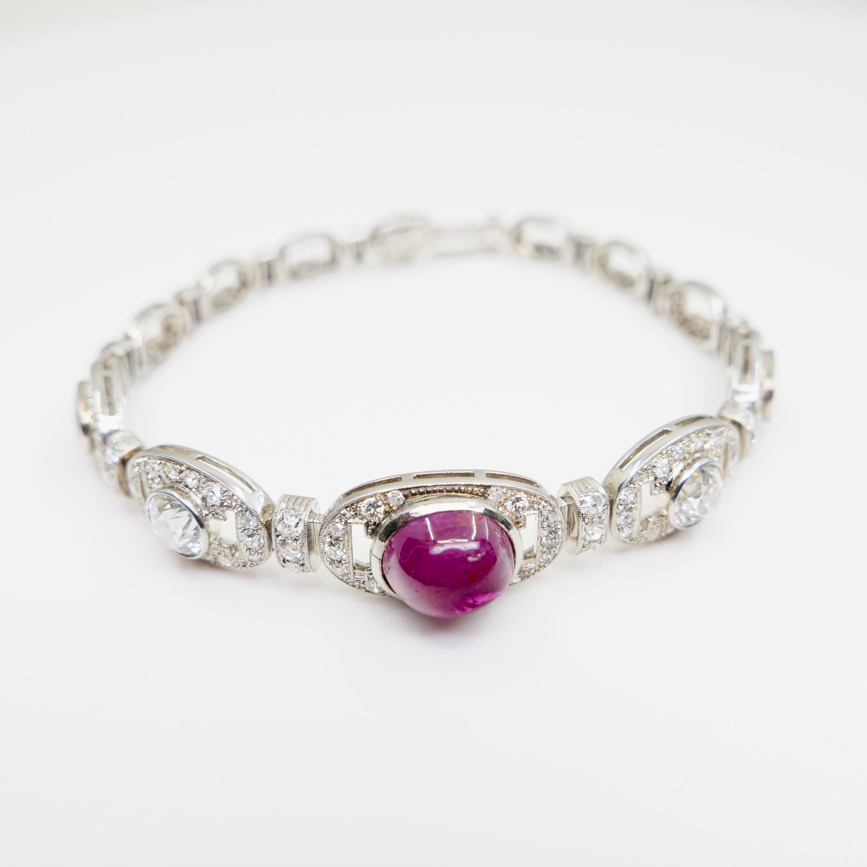GIA Cert Burma No Heat Ruby, Old Euro Diamond Art Deco Armband. Französisches Gütesiegel im Angebot 10