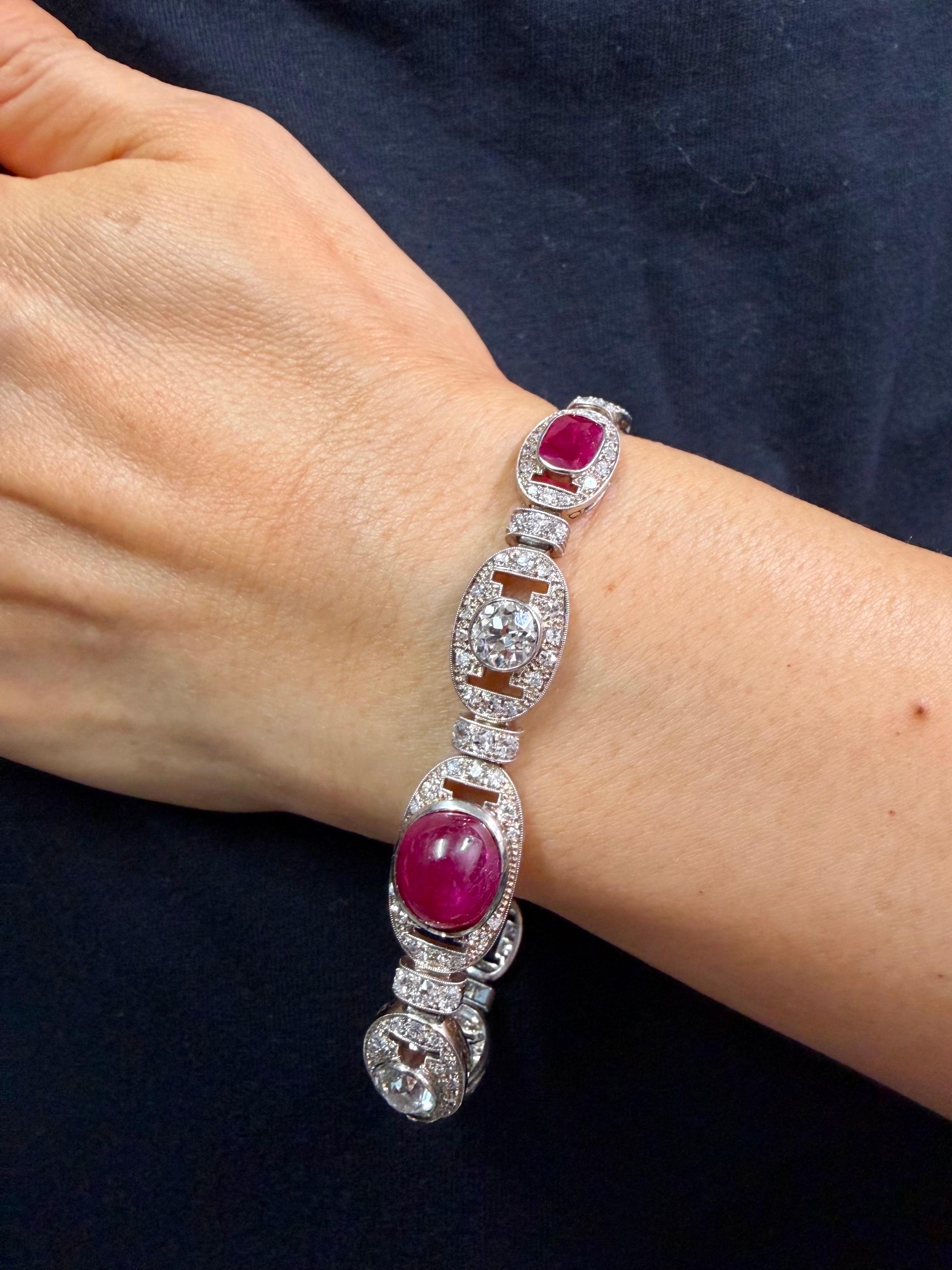 GIA Cert Burma No Heat Ruby, Old Euro Diamond Art Deco Armband. Französisches Gütesiegel im Angebot 13