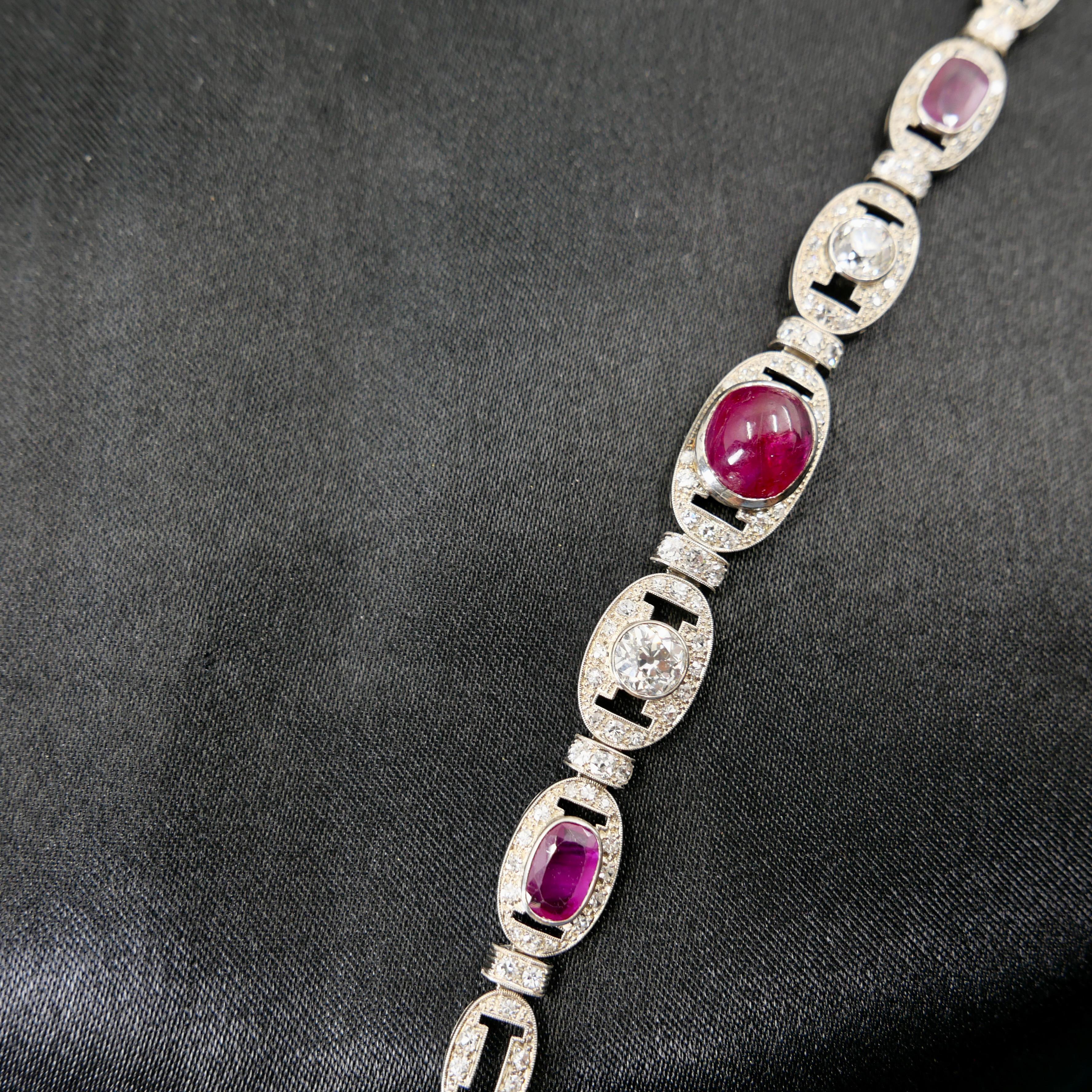 GIA Cert Burma No Heat Ruby, Old Euro Diamond Art Deco Armband. Französisches Gütesiegel im Angebot 14