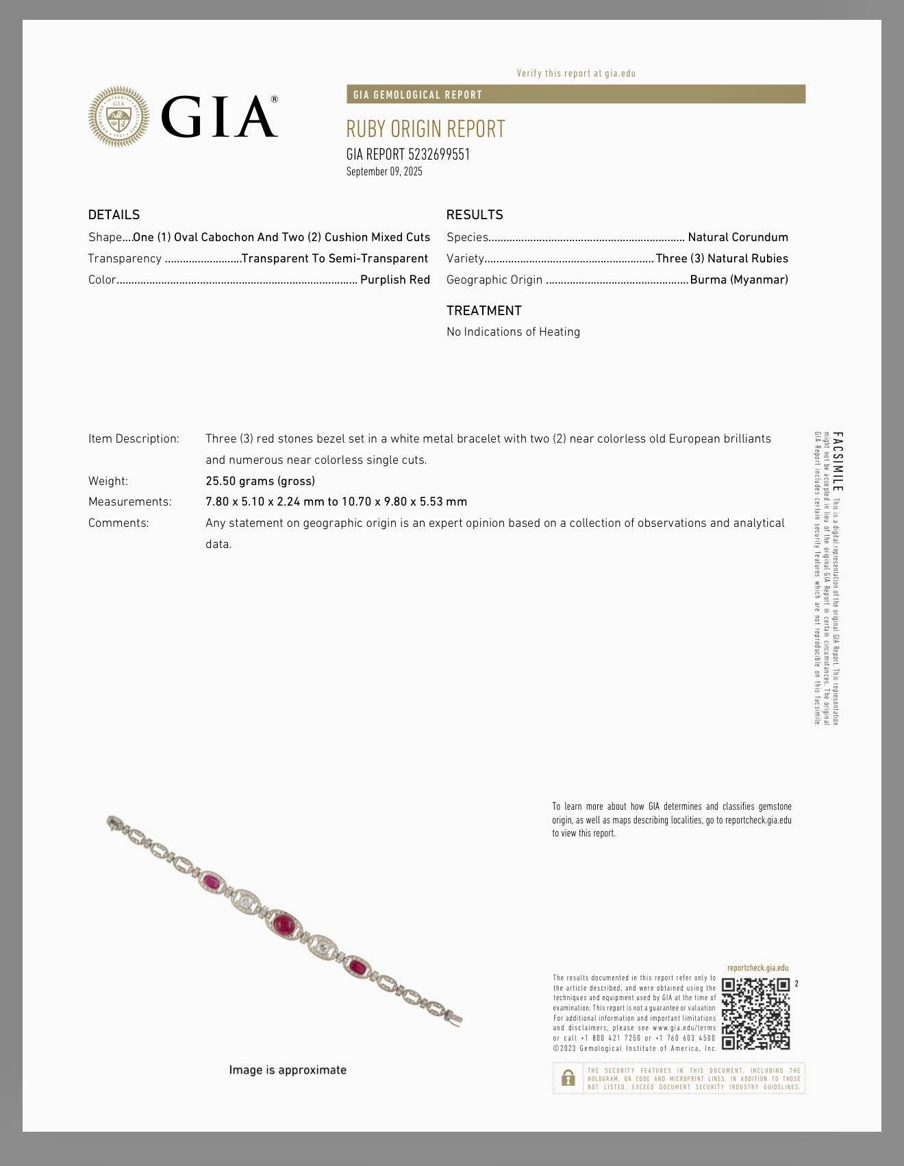 GIA Cert Burma No Heat Ruby, Old Euro Diamond Art Deco Armband. Französisches Gütesiegel im Angebot 15