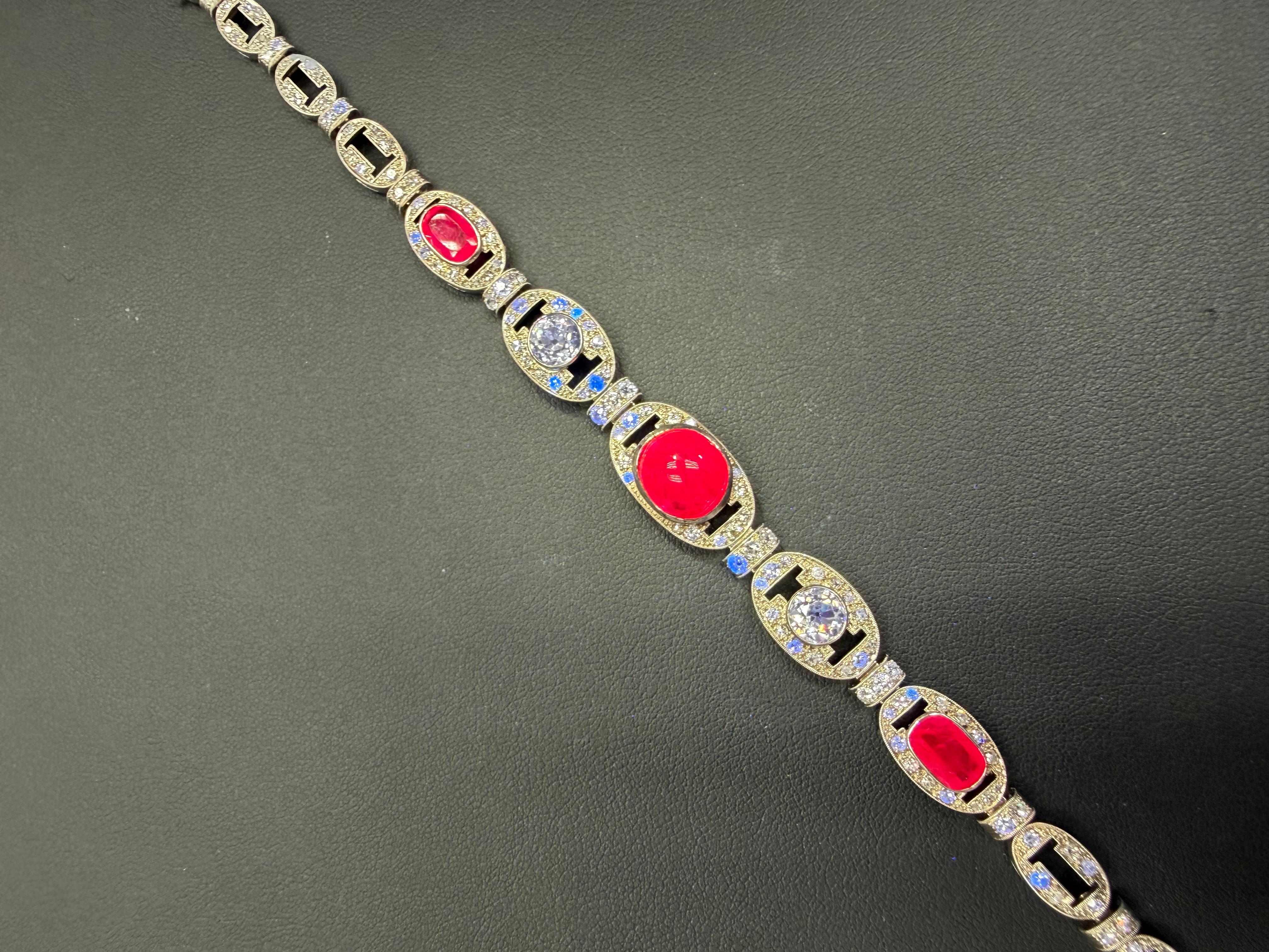 GIA Cert Burma No Heat Ruby, Old Euro Diamond Art Deco Armband. Französisches Gütesiegel (Ovalschliff) im Angebot