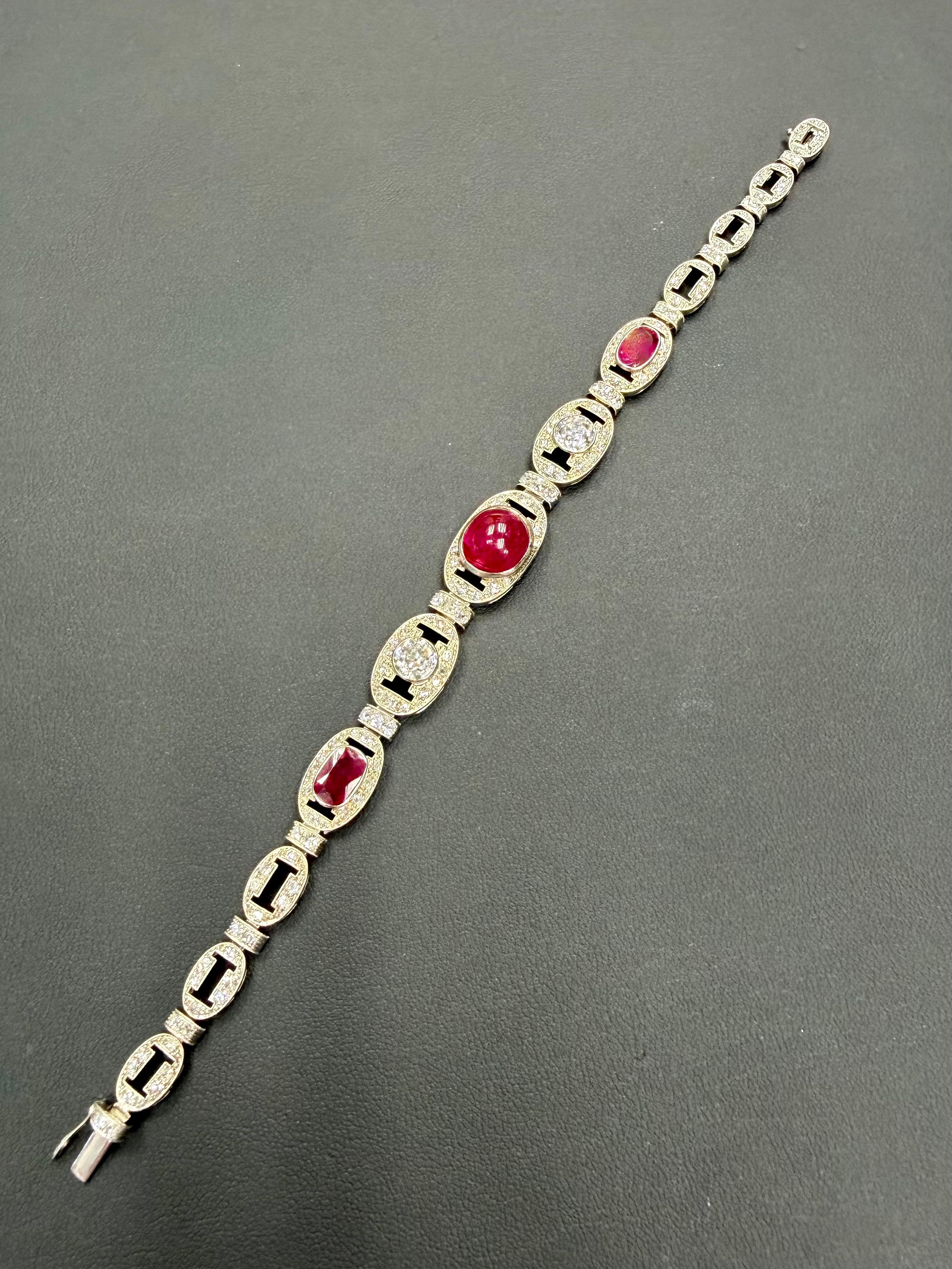 GIA Cert Burma No Heat Ruby, Old Euro Diamond Art Deco Armband. Französisches Gütesiegel Damen im Angebot