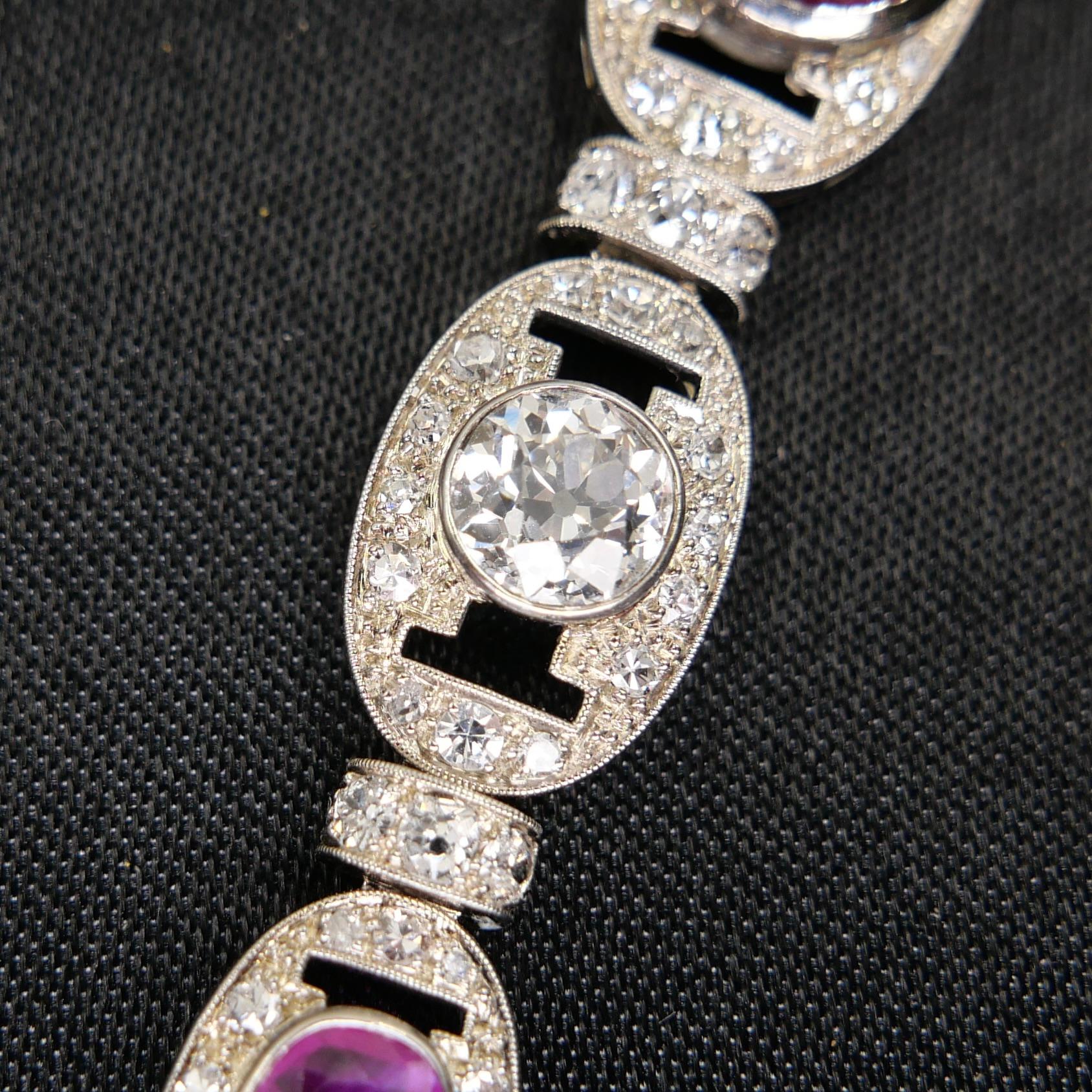 GIA Cert Burma No Heat Ruby, Old Euro Diamond Art Deco Armband. Französisches Gütesiegel im Angebot 2