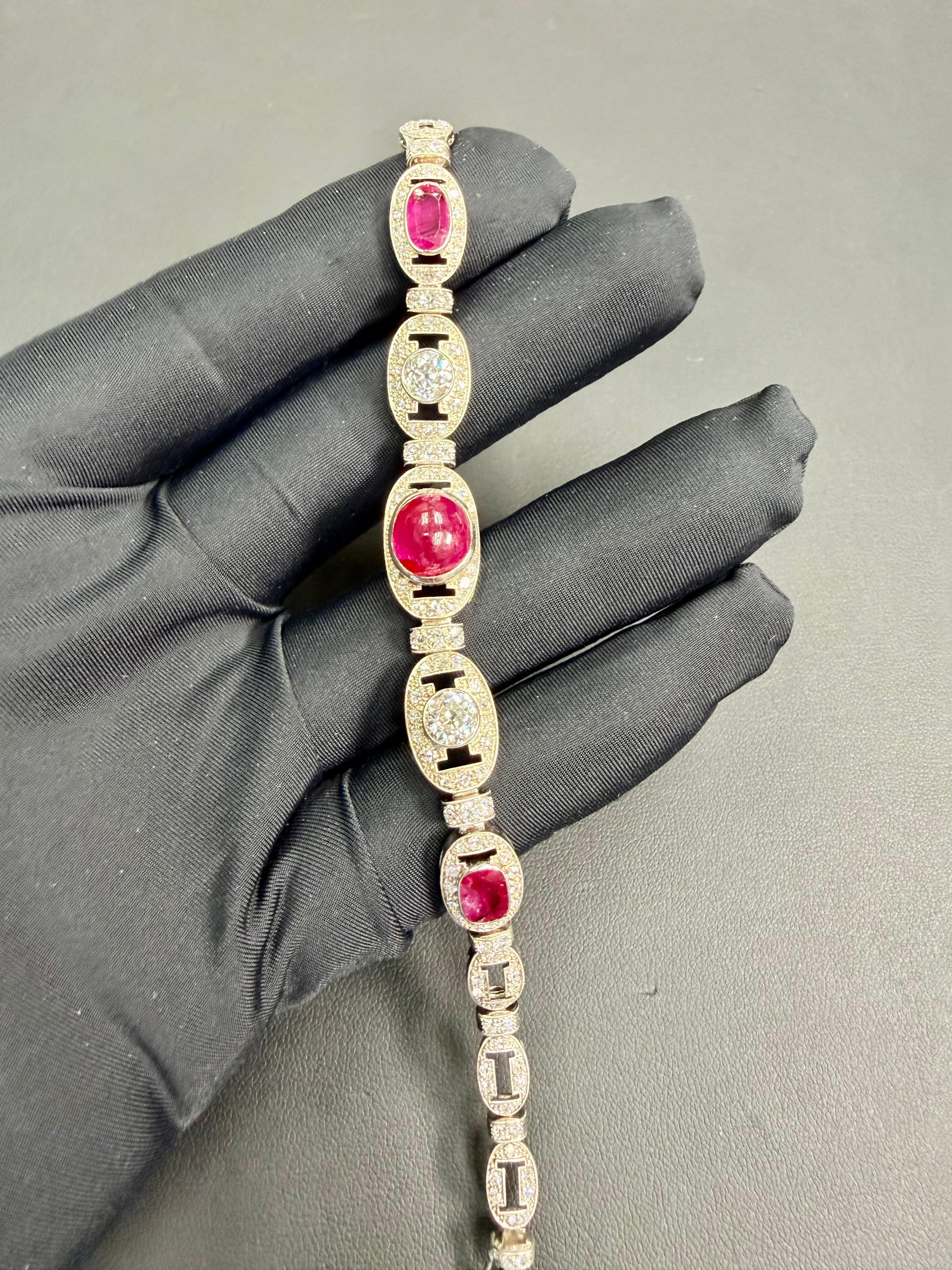 GIA Cert Burma No Heat Ruby, Old Euro Diamond Art Deco Armband. Französisches Gütesiegel im Angebot 3