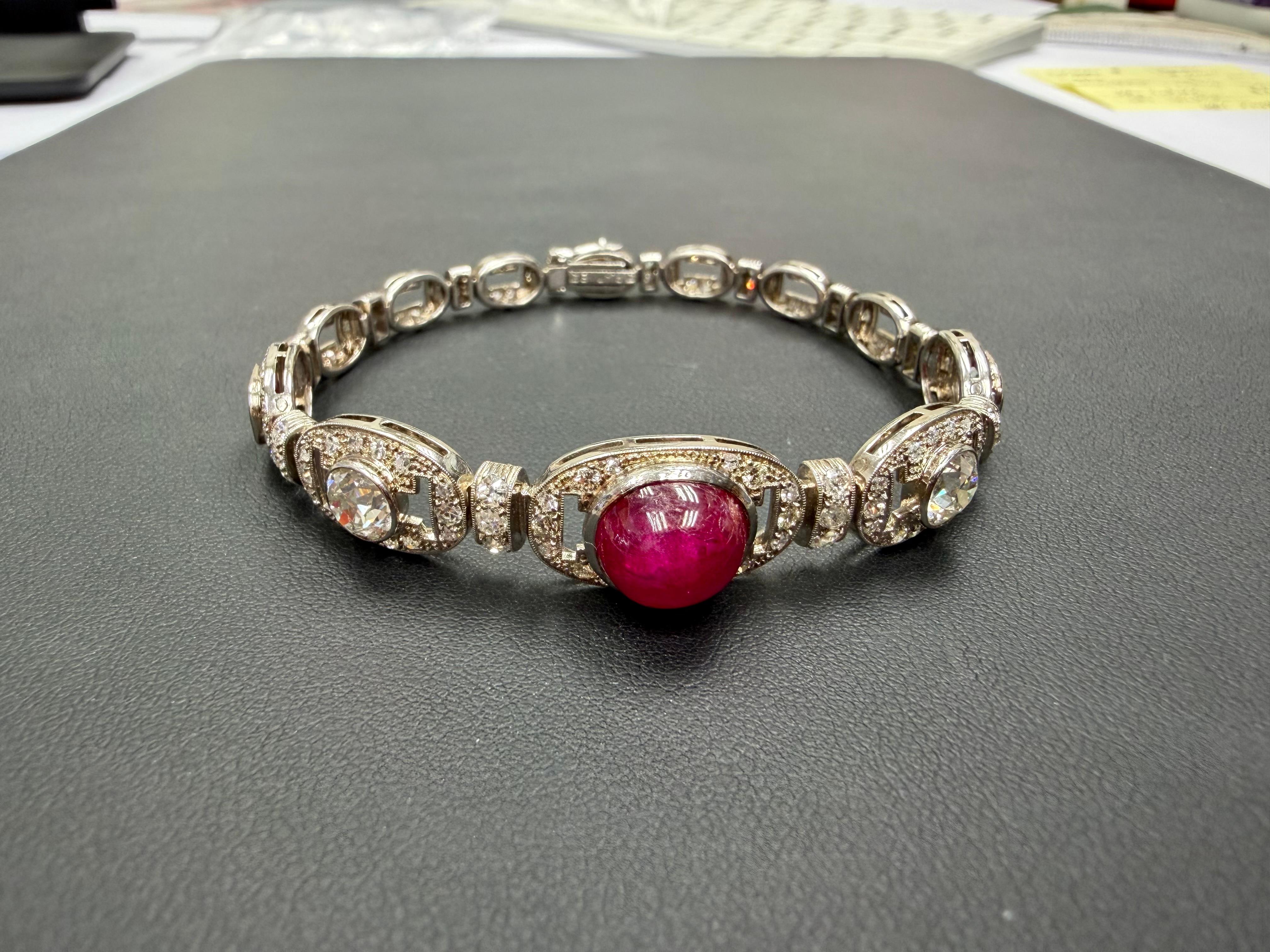 GIA Cert Burma No Heat Ruby, Old Euro Diamond Art Deco Armband. Französisches Gütesiegel im Angebot 4