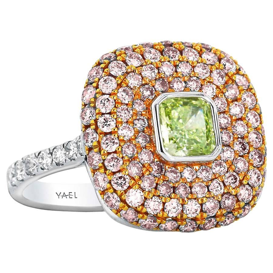 GIA Cert Fancy Intense Yellowish Green Diamond Pink Diamond White Diamond Ring For Sale