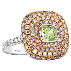 GIA Cert Fancy Intense Yellowish Green Diamond Pink Diamond White Diamond Ring