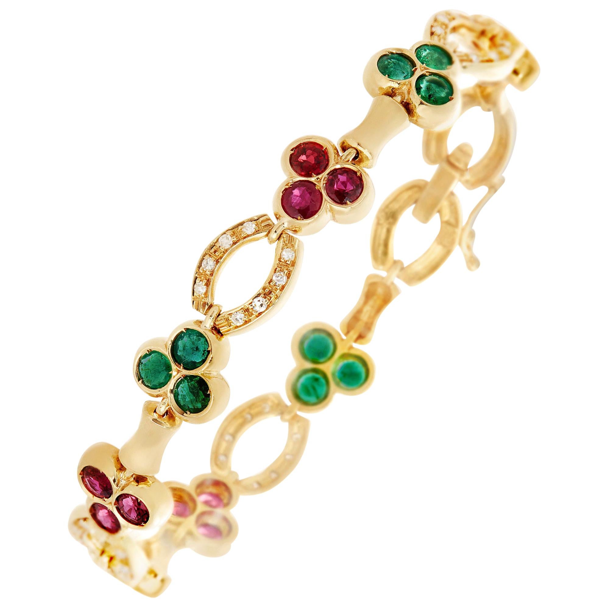 GIA Cert Fred of Paris 7.89 Ruby, Emerald, Diamond Bracelet 18 Karat Yellow Gold