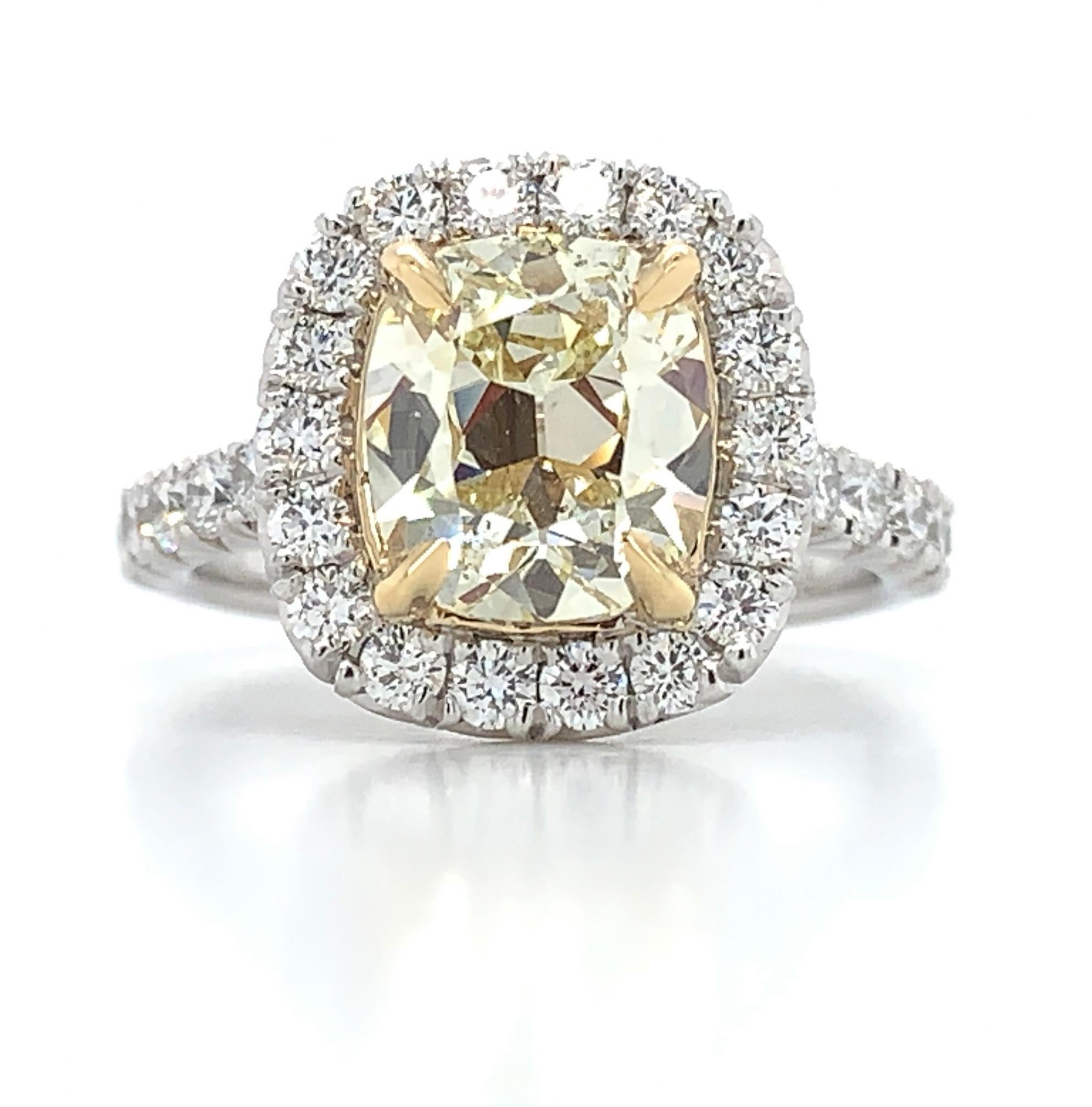 Canary Fancy Light Yellow Diamond Engagement Ring with Halo
Metal: Platinum
Diamond: 2.07cts Cushion Cut
Color & Quality: FLY - I1
Pave / Halo: Round Brilliant cut 0.78cts diamonds
Certified: GIA
SKU: 122937
WE ONLY USE FEDEX SIGNATURE REQUIRED
