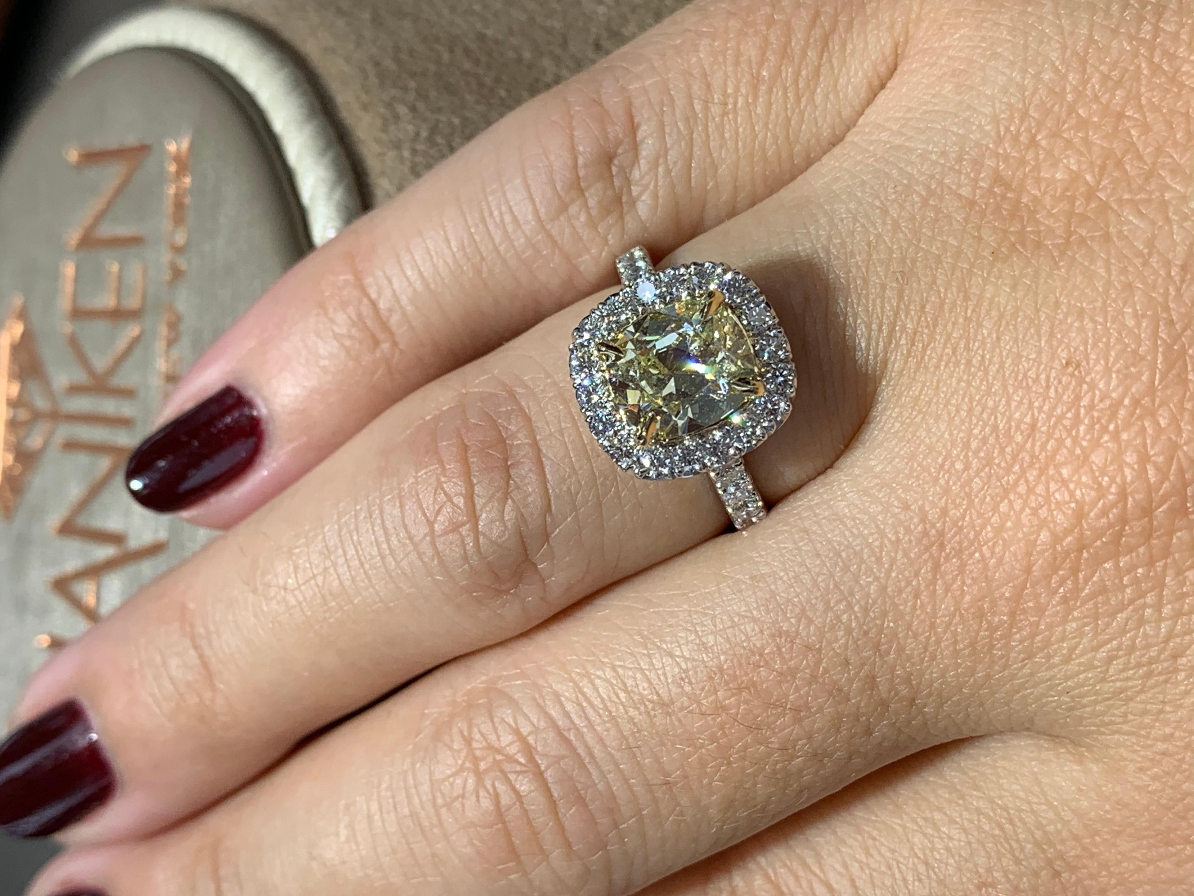Modern GIA Cert. Henri Daussi Canary Fancy Yellow Cushion 2.85ct T.W. Engagement Ring For Sale