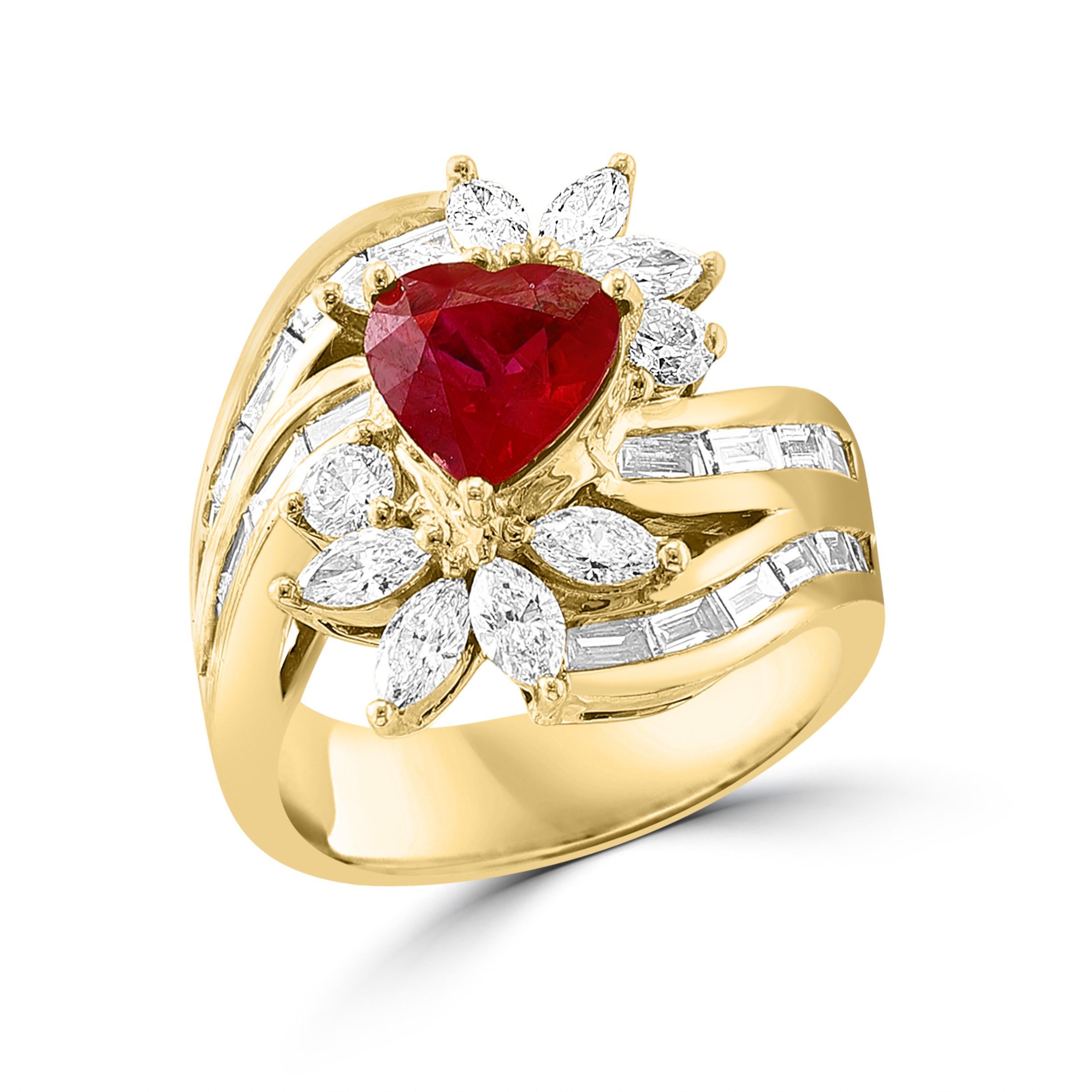 GIA Cert Natural Burma Heart  Ruby & 75 Ct Diamond 4 Piece Set 18 Kt Yellow Gold 1