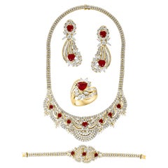Vintage GIA Cert Natural Burma Heart  Ruby & 75 Ct Diamond 4 Piece Set 18 Kt Yellow Gold