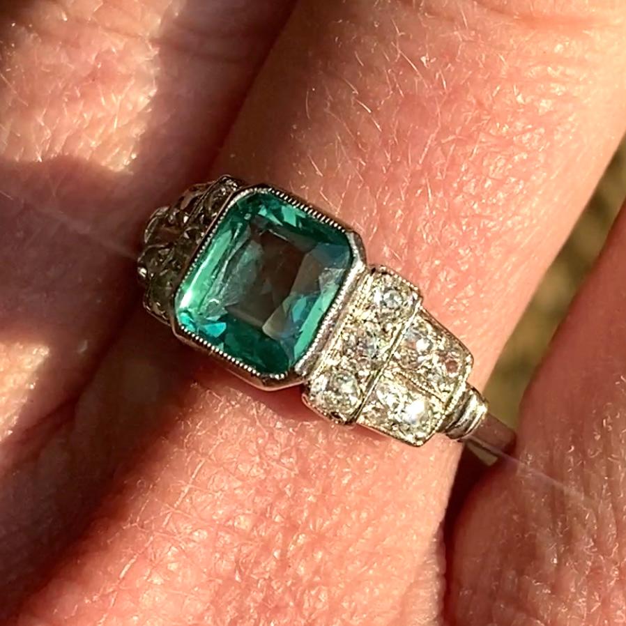 GIA Natural Green Columbian Emerald Cushion & Diamond Platinum Ring Mint 1930s 4