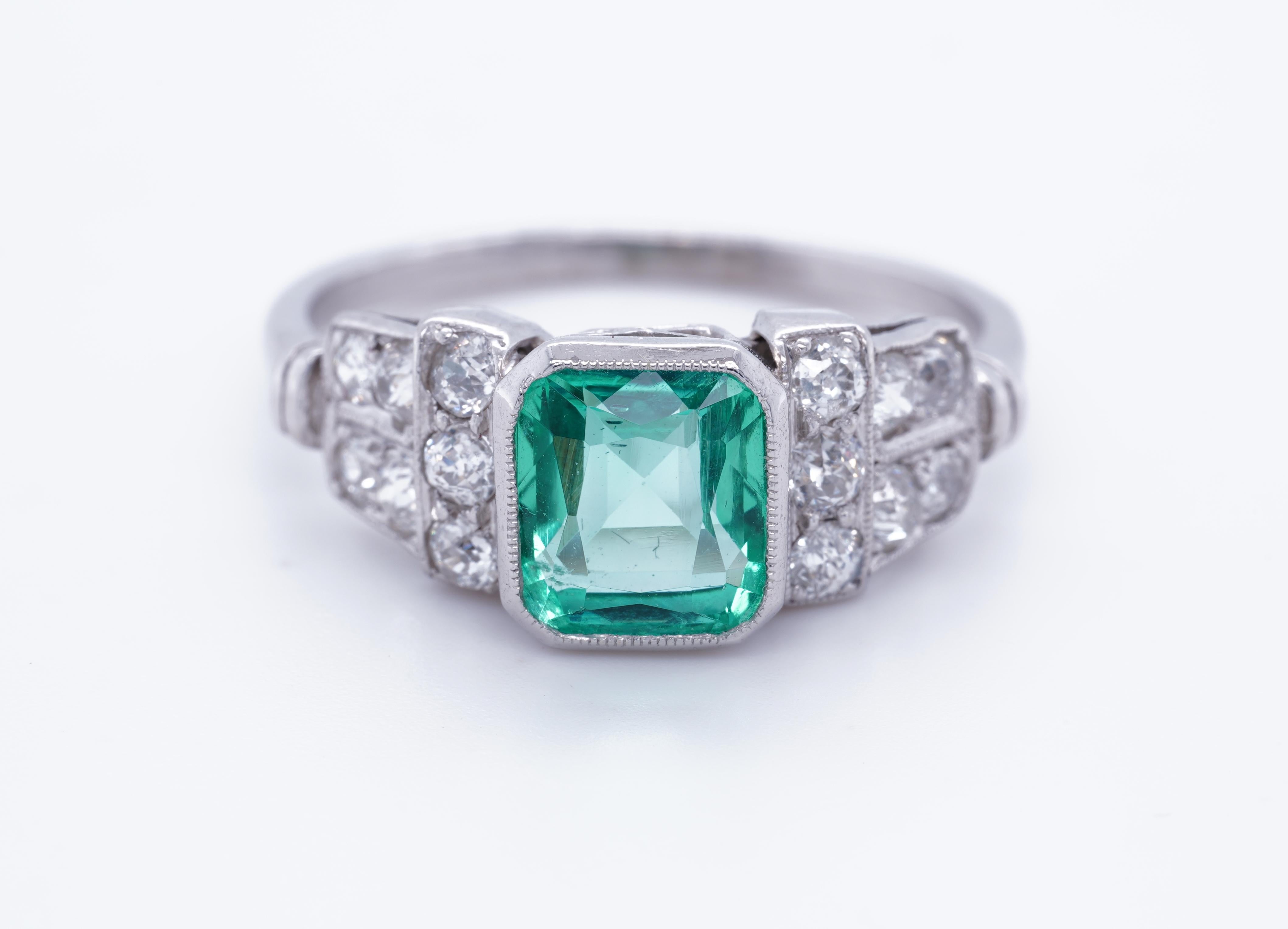 GIA Certified Natural Green Columbian Emerald Cushion & Diamond Platinum Ring Mint 1930s
Original Vintage, 1930's never been worn.

GIA Certified, GIA REPORT 5222492379, Natural Green Columbian Emerald.  Emerald is Cushion Cut, diamonds are