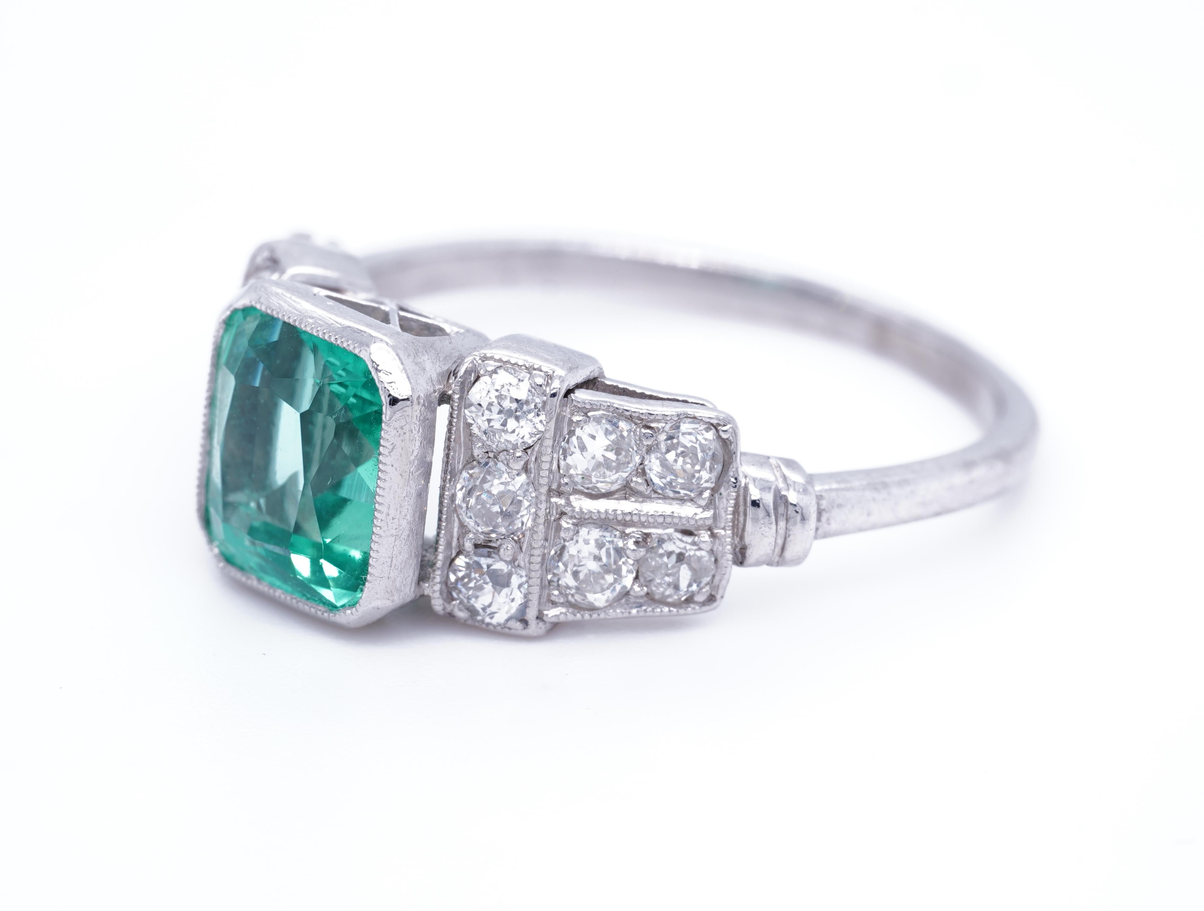 Contemporary GIA Natural Green Columbian Emerald Cushion & Diamond Platinum Ring Mint 1930s