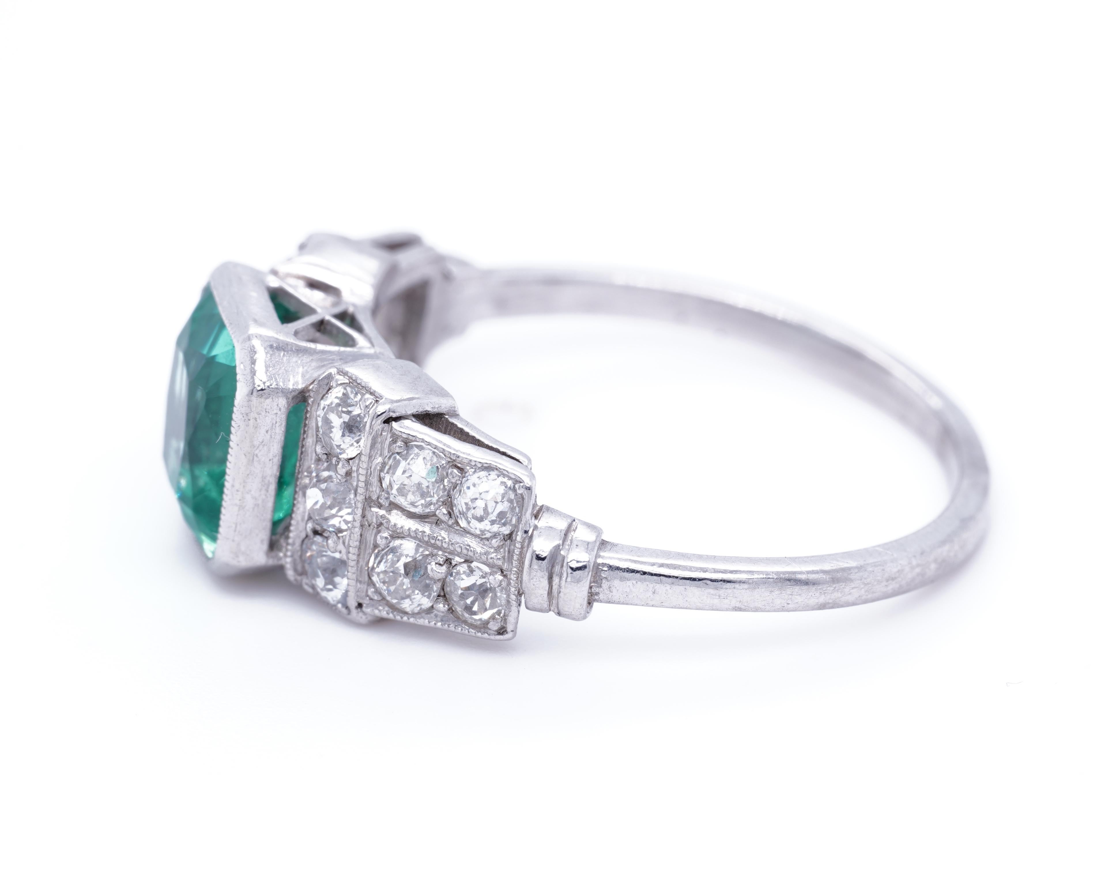 GIA Natural Green Columbian Emerald Cushion & Diamond Platinum Ring Mint 1930s In New Condition In Bozeman, MT