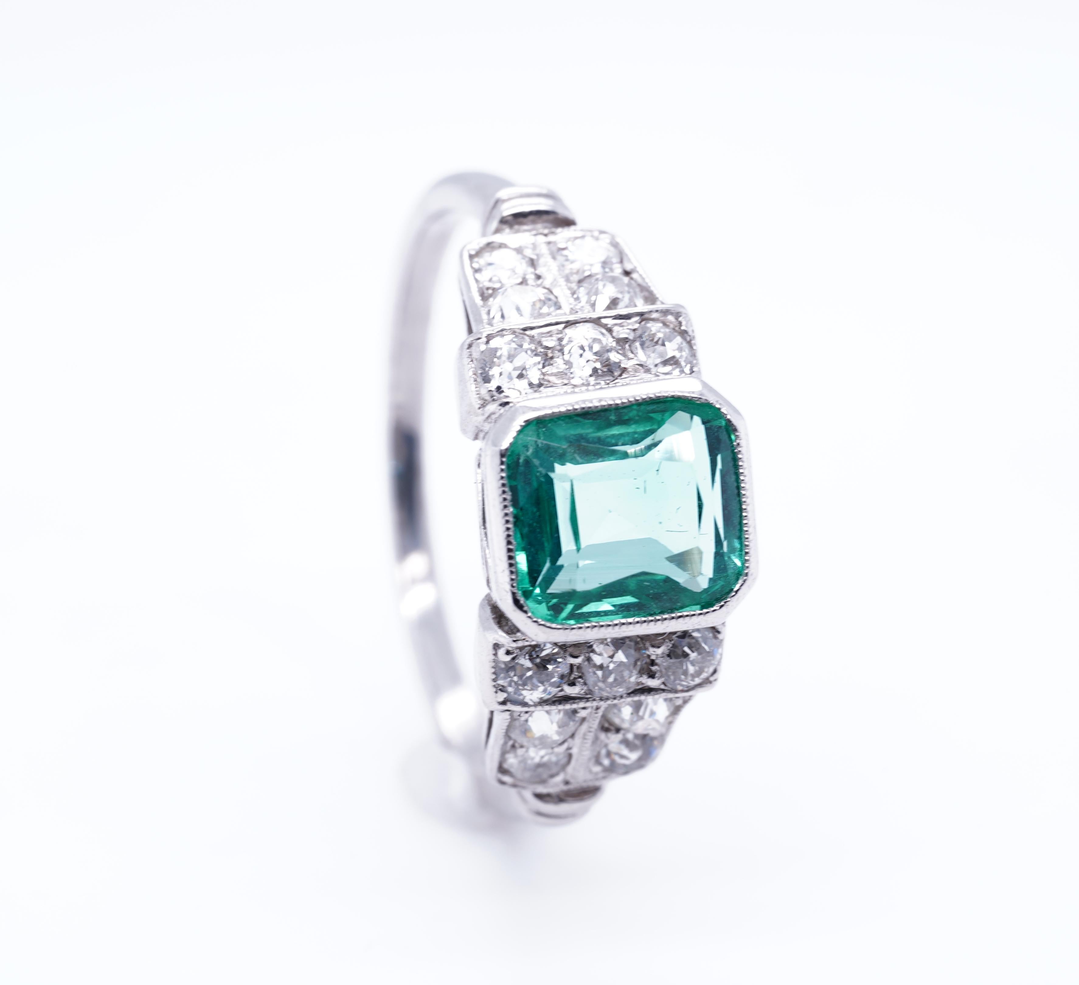GIA Natural Green Columbian Emerald Cushion & Diamond Platinum Ring Mint 1930s 1
