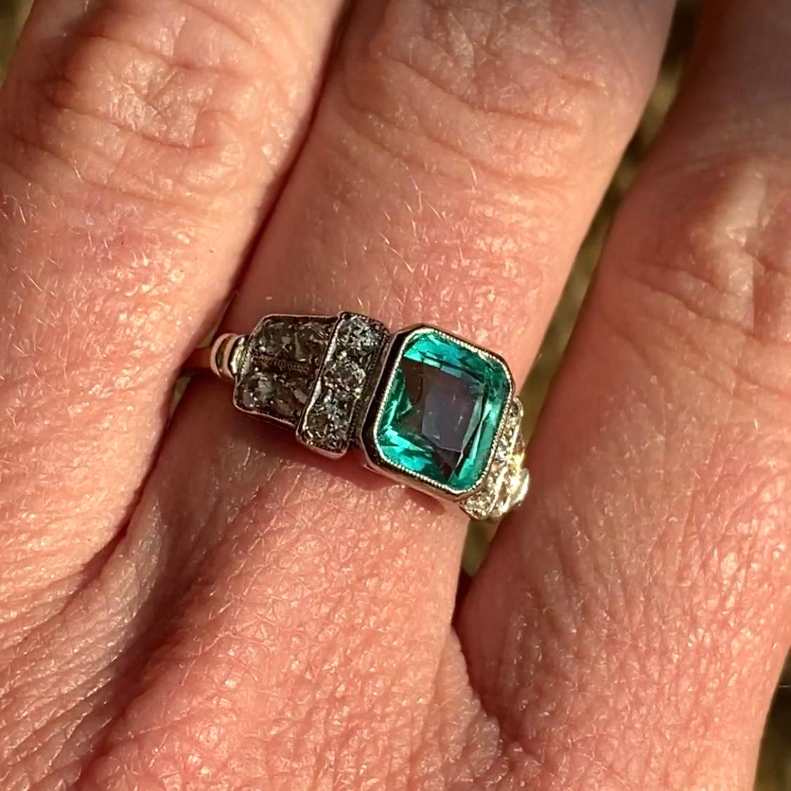 GIA Natural Green Columbian Emerald Cushion & Diamond Platinum Ring Mint 1930s 2