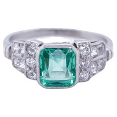 GIA Natural Green Columbian Emerald Cushion & Diamond Platinum Ring Mint 1930s