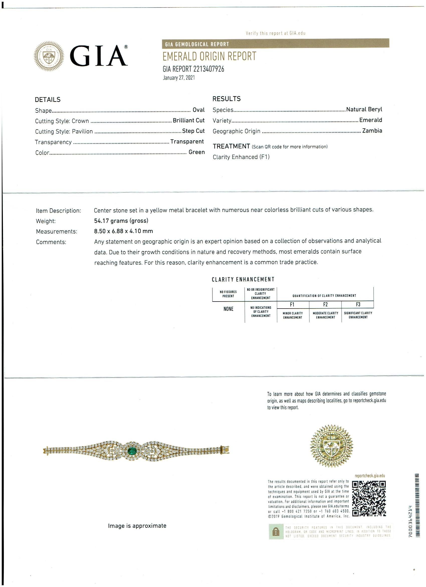 GIA Cert Natural Zambian Emerald & 95 Ct Diamond 4 Piece Set 18 Kt Yellow Gold For Sale 6