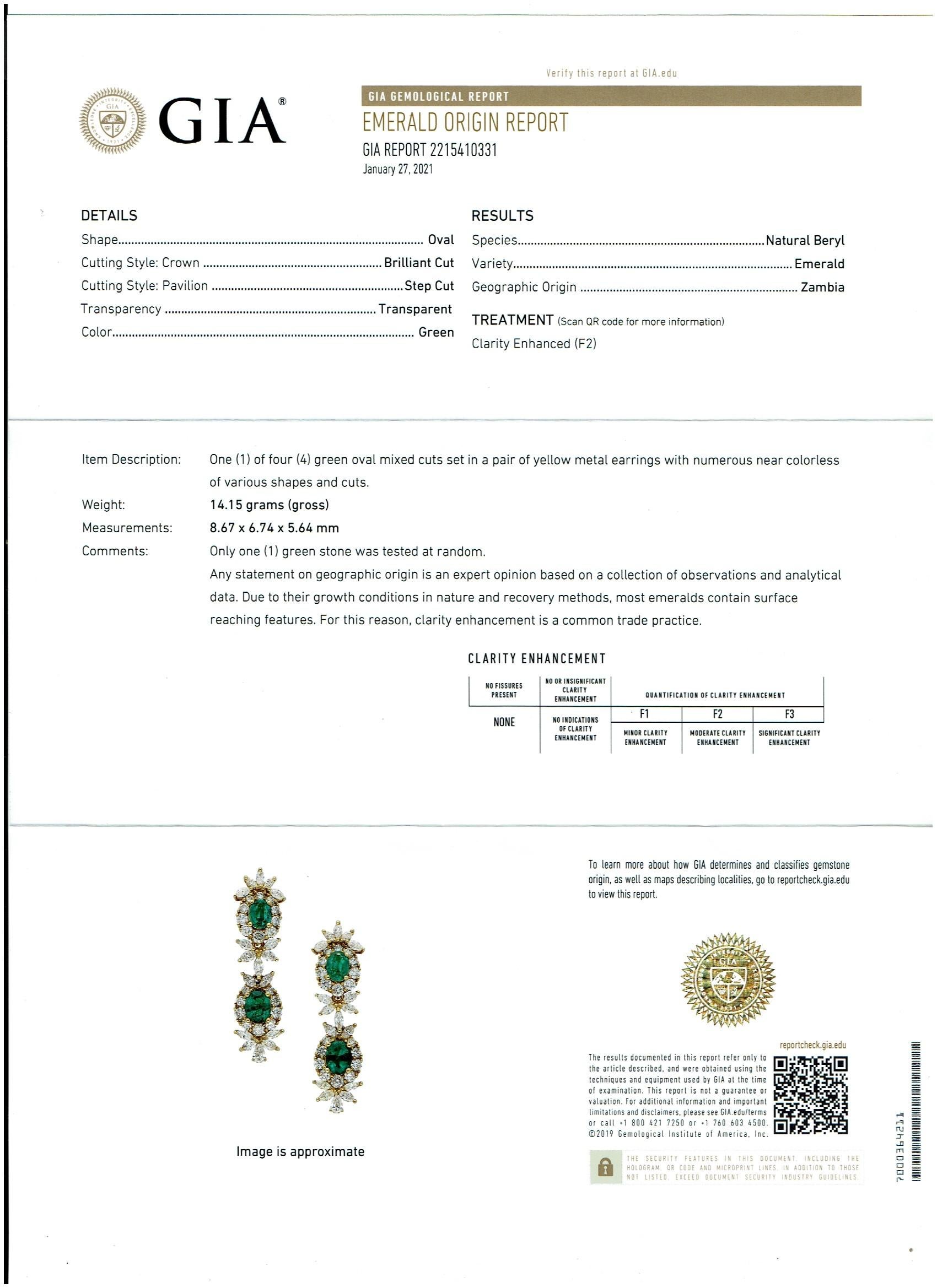 GIA Cert Natural Zambian Emerald & 95 Ct Diamond 4 Piece Set 18 Kt Yellow Gold For Sale 7