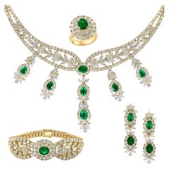 GIA Cert Natural Zambian Emerald & 95 Ct Diamond 4 Piece Set 18 Kt Yellow Gold