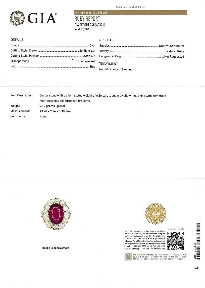 Bague Art déco en or jaune 18 carats, certifiée GIA, sans chaleur, rubis du Mozambique de 6,26 carats en vente 14