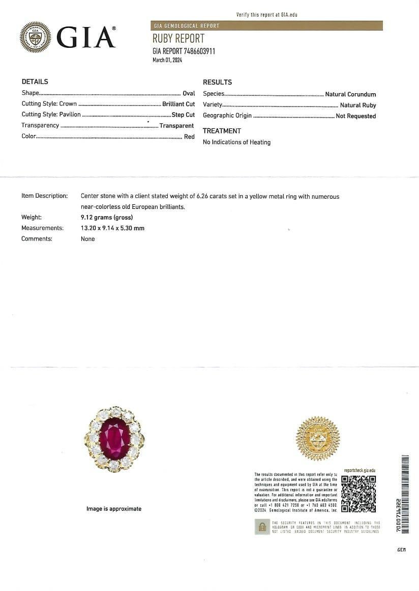 GIA cert No-Heat 6.26 Carat Mozambique Ruby Art Deco Ring in 18k Yellow Gold 11