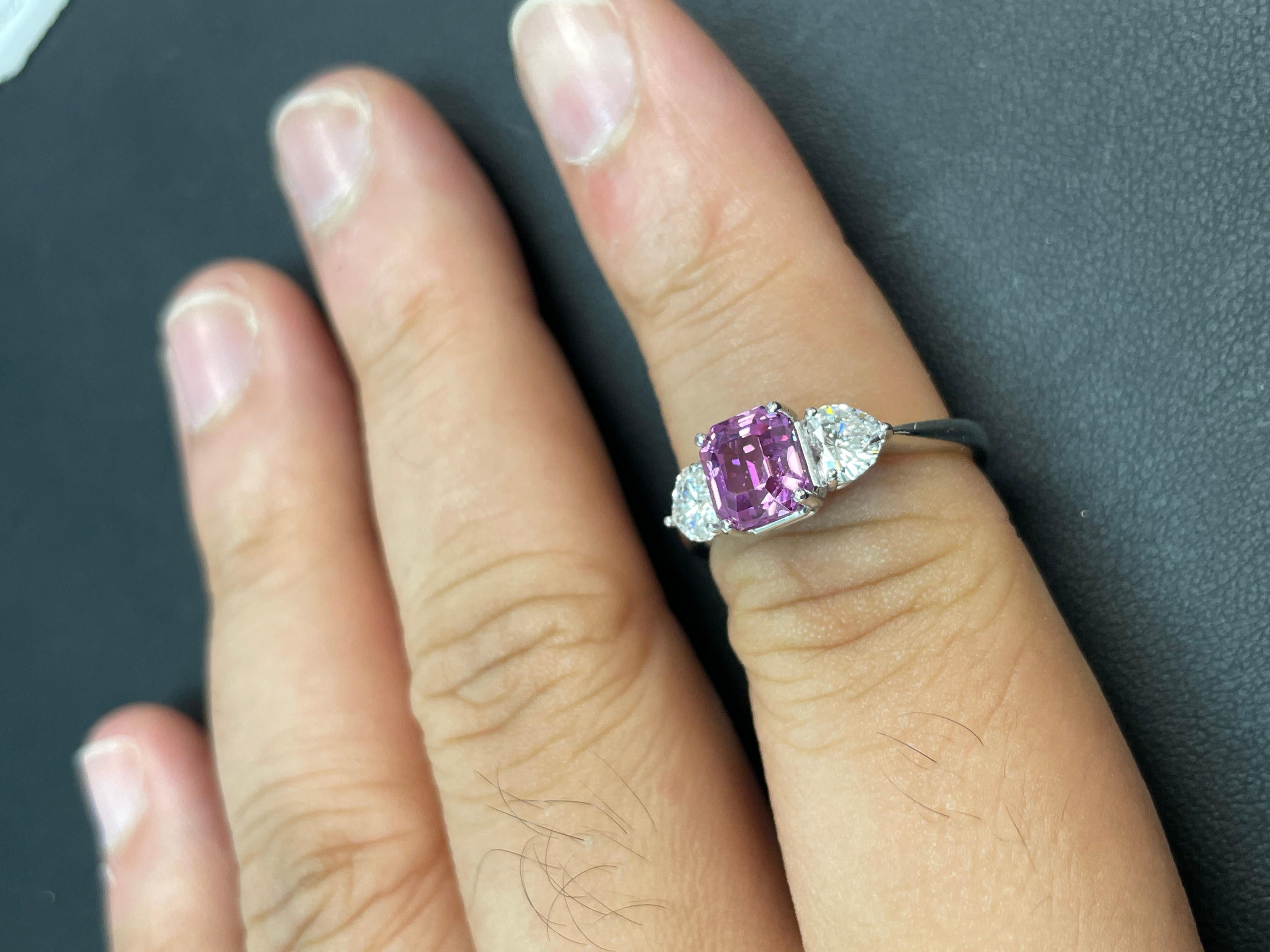 GIA Cert No Heat Purplish Pink Sapphire Cts 2.26 Heart Diamond Engagement Ring For Sale 5