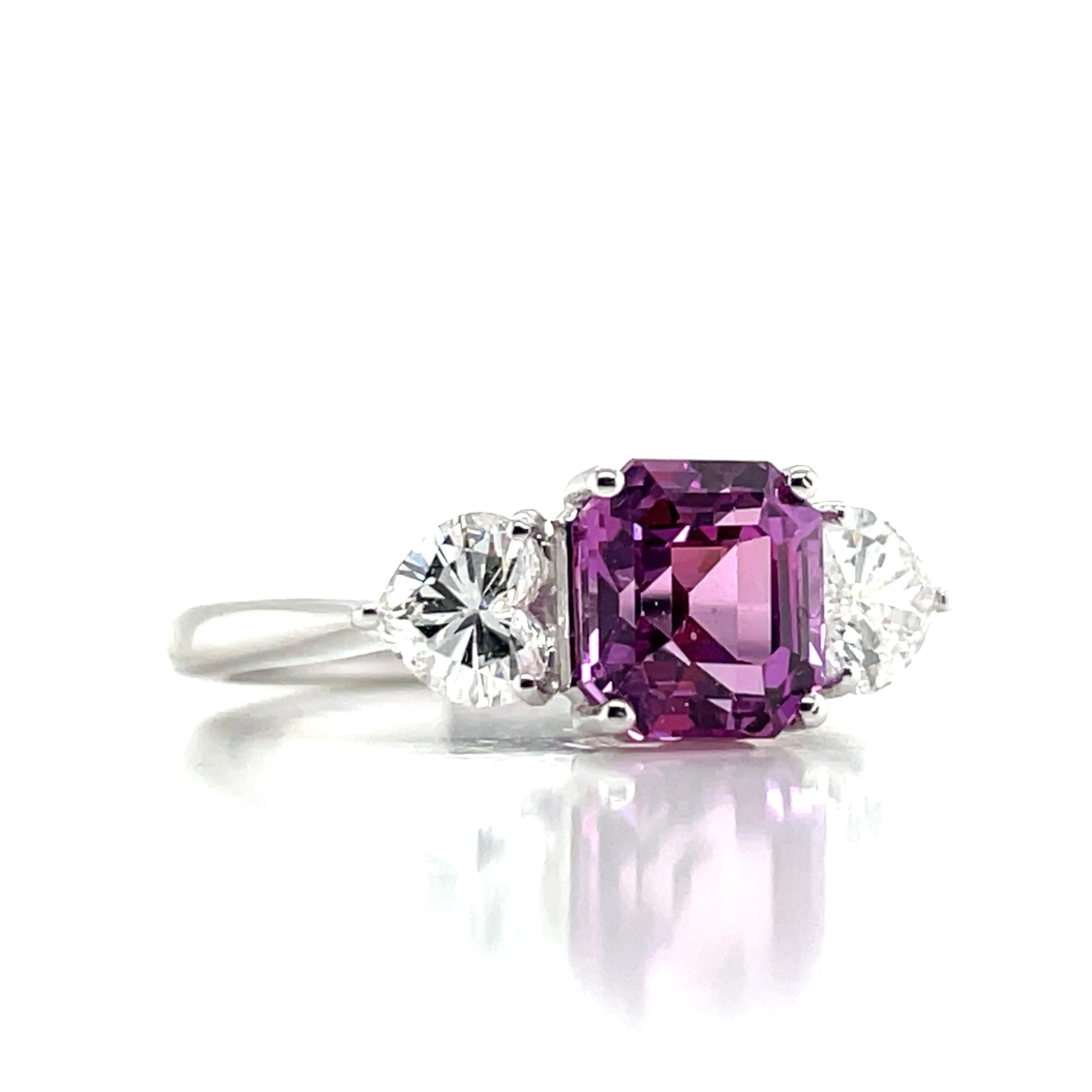 GIA Cert No Heat Purplish Pink Sapphire Cts 2.26 Heart Diamond Engagement Ring For Sale 1