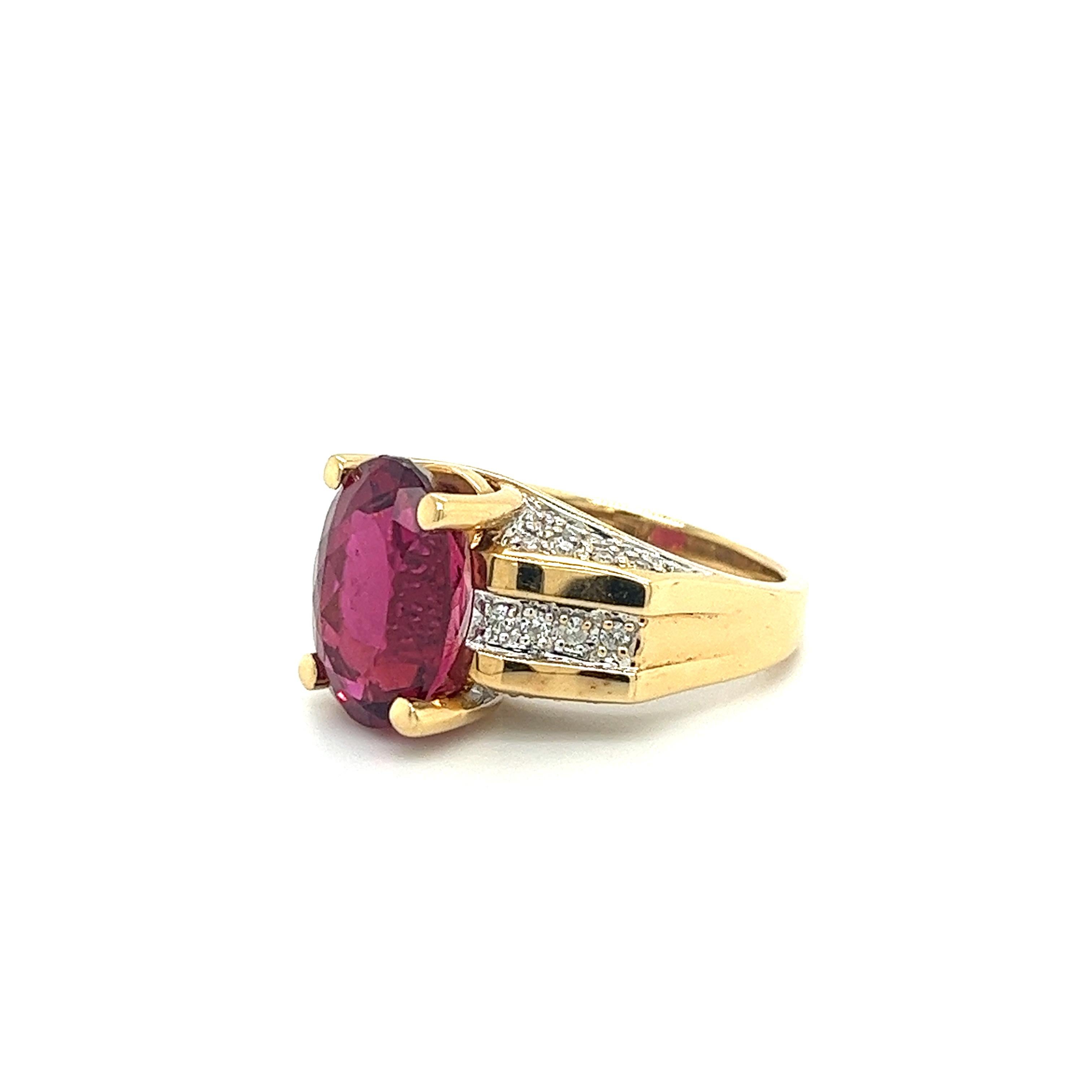 Art Deco GIA Cert Oval Cut 7 Carat Purplish Red Tourmaline Ring with Diamond in 18K Gold For Sale