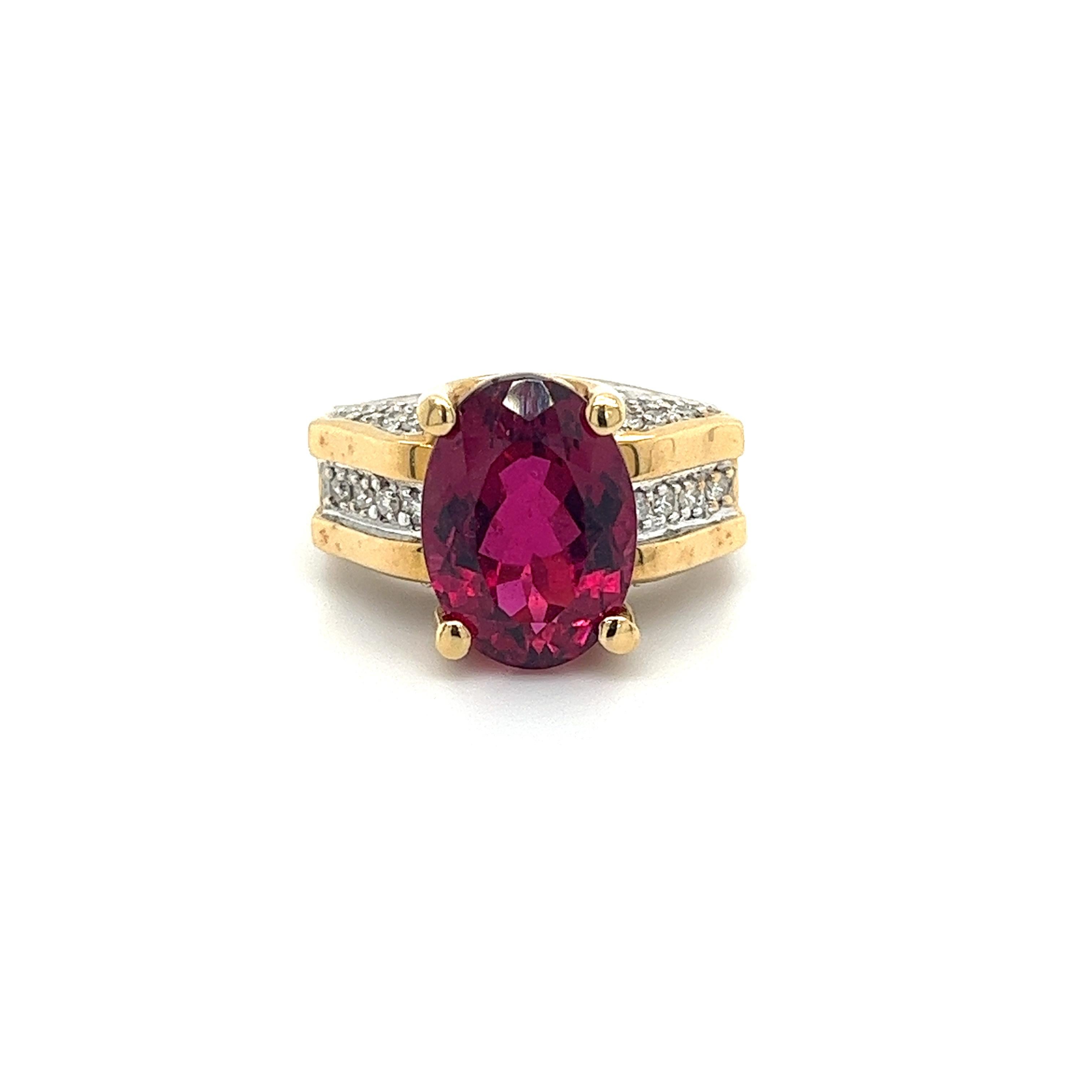 GIA Cert Oval Cut 7 Carat Purplish Red Tourmaline Ring with Diamond in 18K Gold For Sale 1