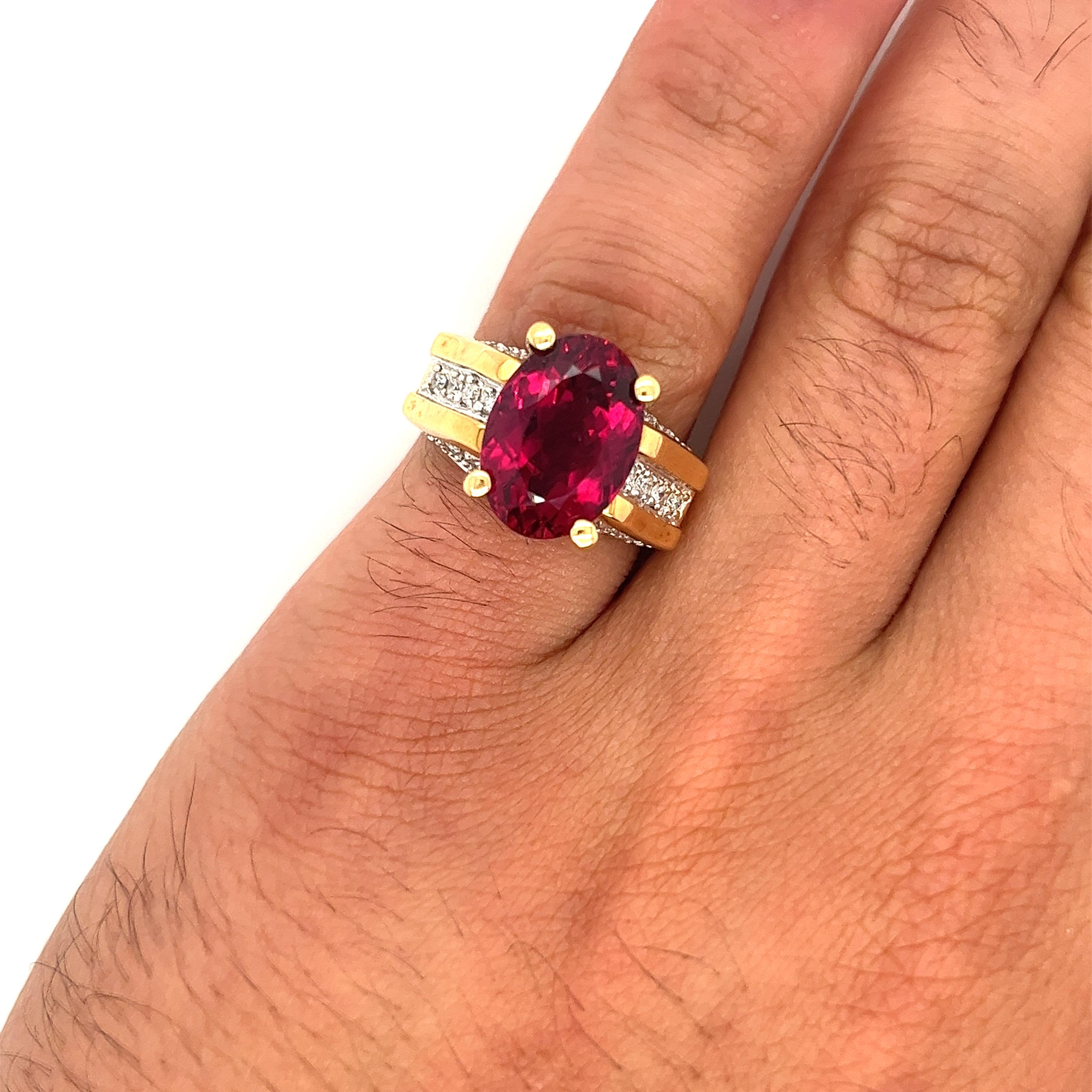 GIA Cert Oval Cut 7 Carat Purplish Red Tourmaline Ring with Diamond in 18K Gold For Sale 3