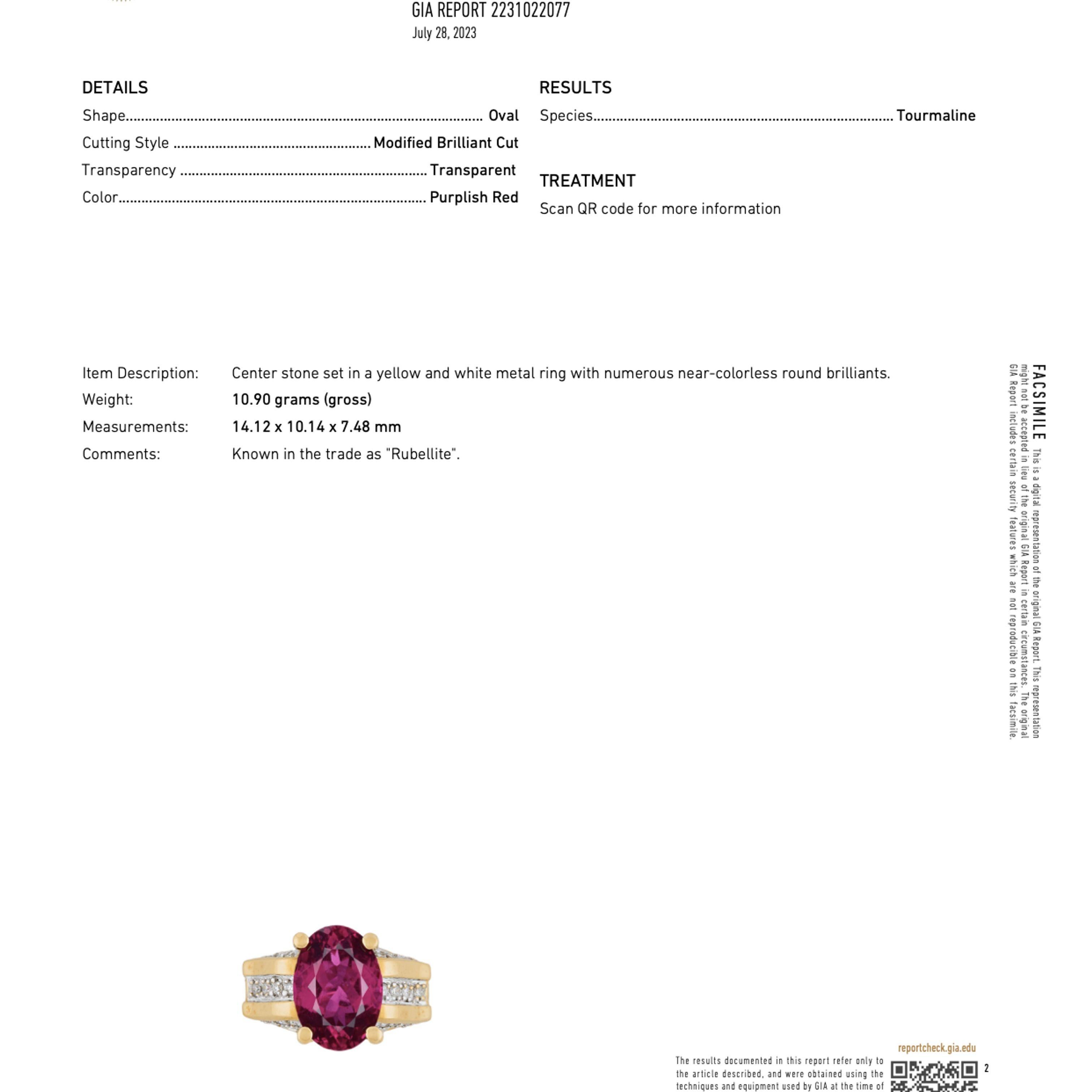 GIA Cert Oval Cut 7 Carat Purplish Red Tourmaline Ring with Diamond in 18K Gold For Sale 4
