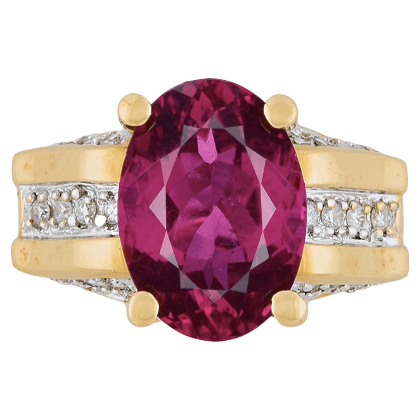 GIA Cert Oval Cut 7 Carat Purplish Red Tourmaline Ring with Diamond in 18K Gold For Sale