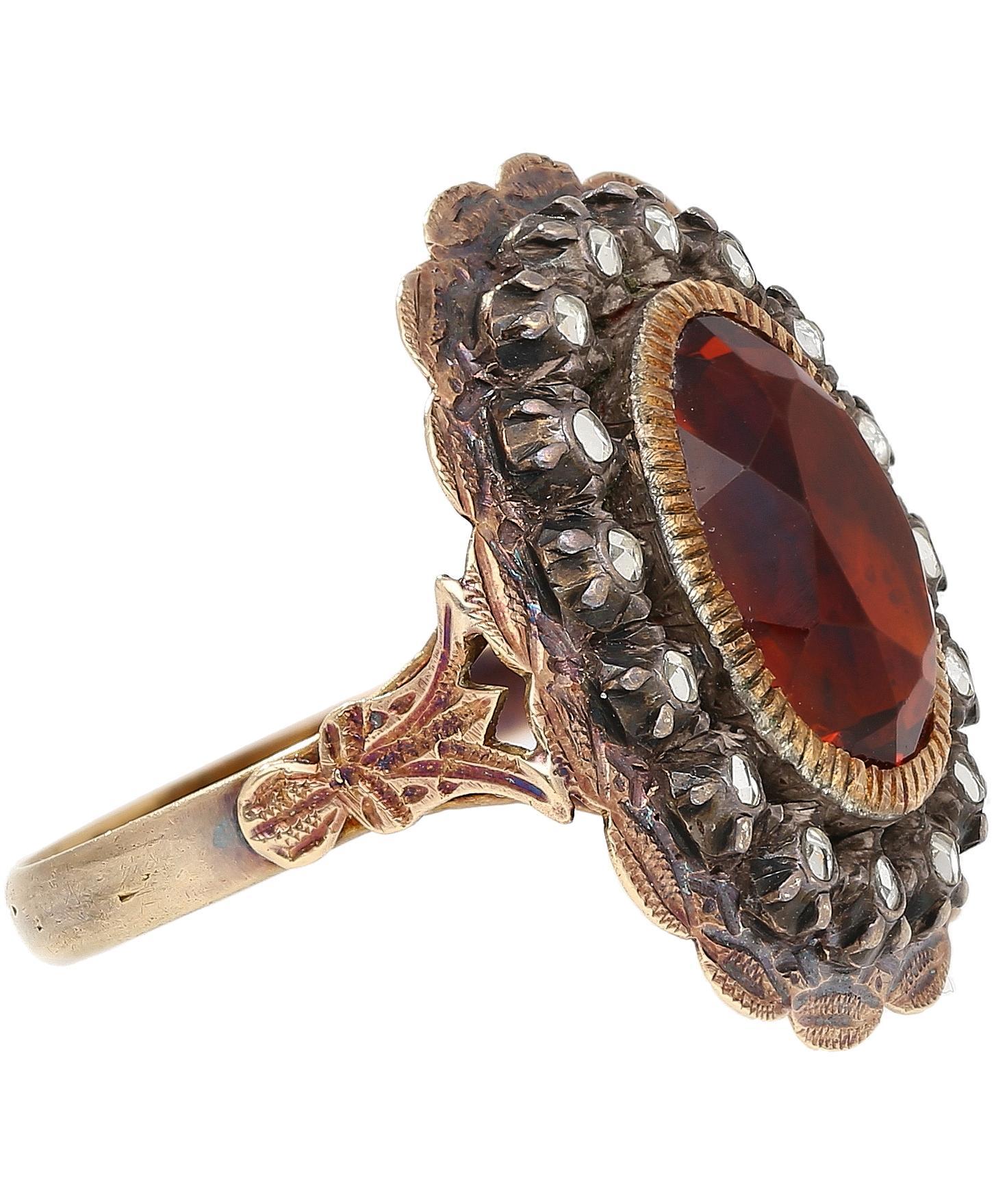Early Victorian GIA Cert. Victorian Antique 3.5 Carat Citrine and Diamond in Silver/Gold Ring For Sale