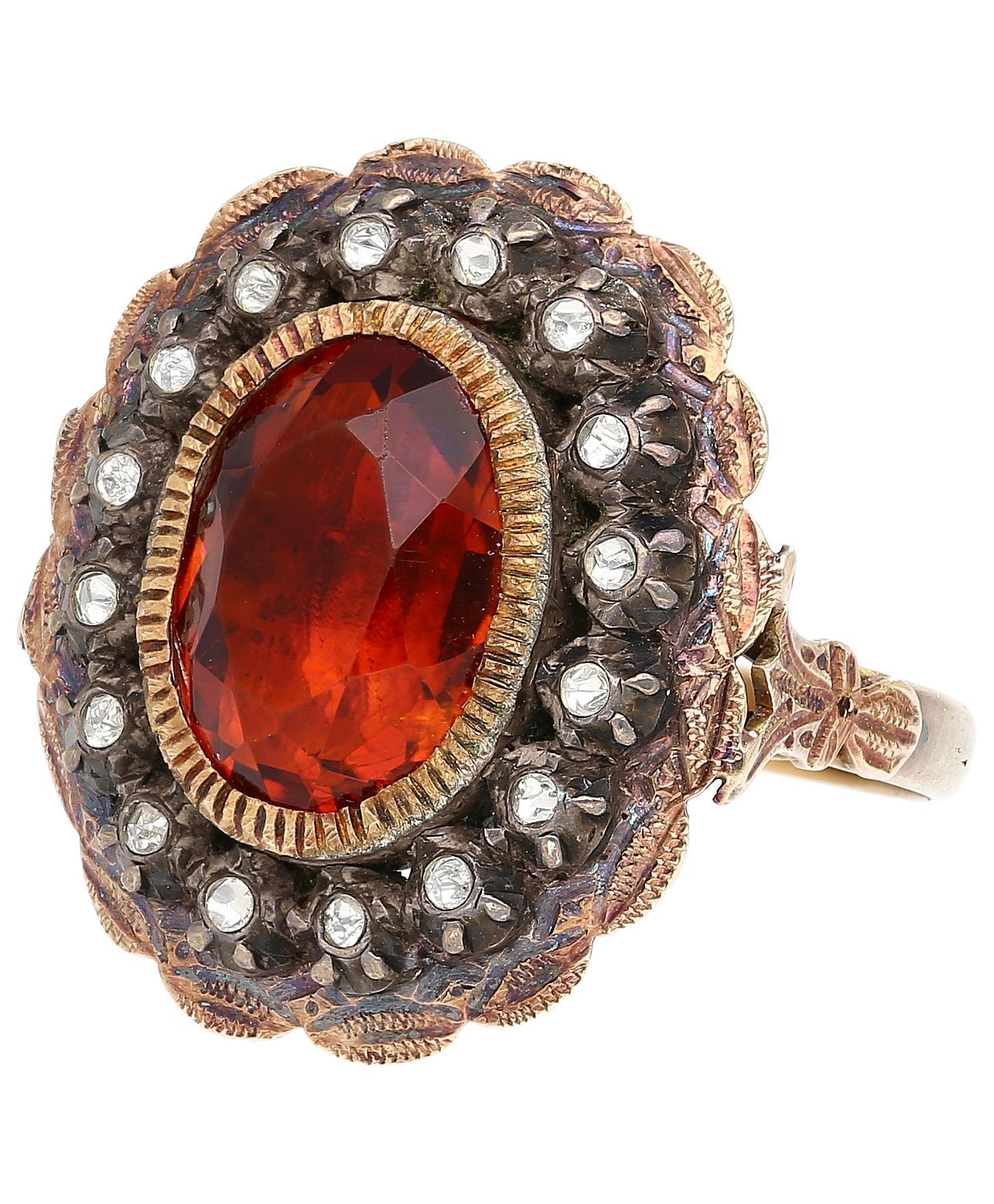Certificado GIA Anillo Victoriano Antiguo de Citrino y Diamante de 3,5 Quilates en Plata/Oro en Bueno estado para la venta en Miami, FL