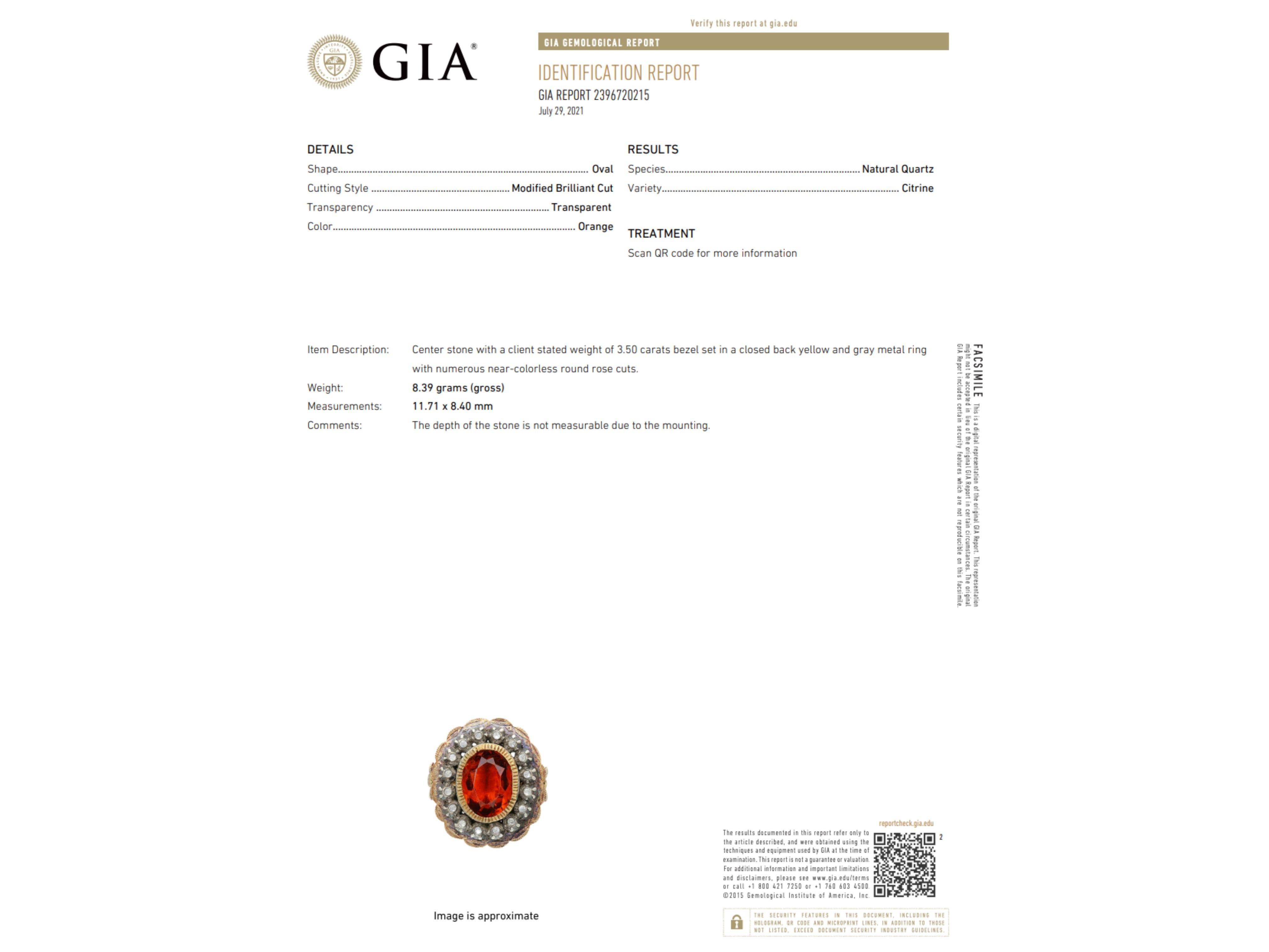 Certificado GIA Anillo Victoriano Antiguo de Citrino y Diamante de 3,5 Quilates en Plata/Oro en venta 1