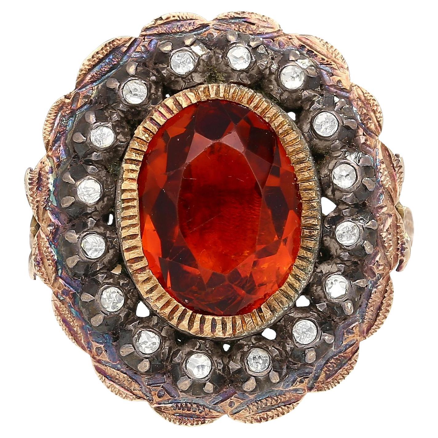 Certificado GIA Anillo Victoriano Antiguo de Citrino y Diamante de 3,5 Quilates en Plata/Oro en venta