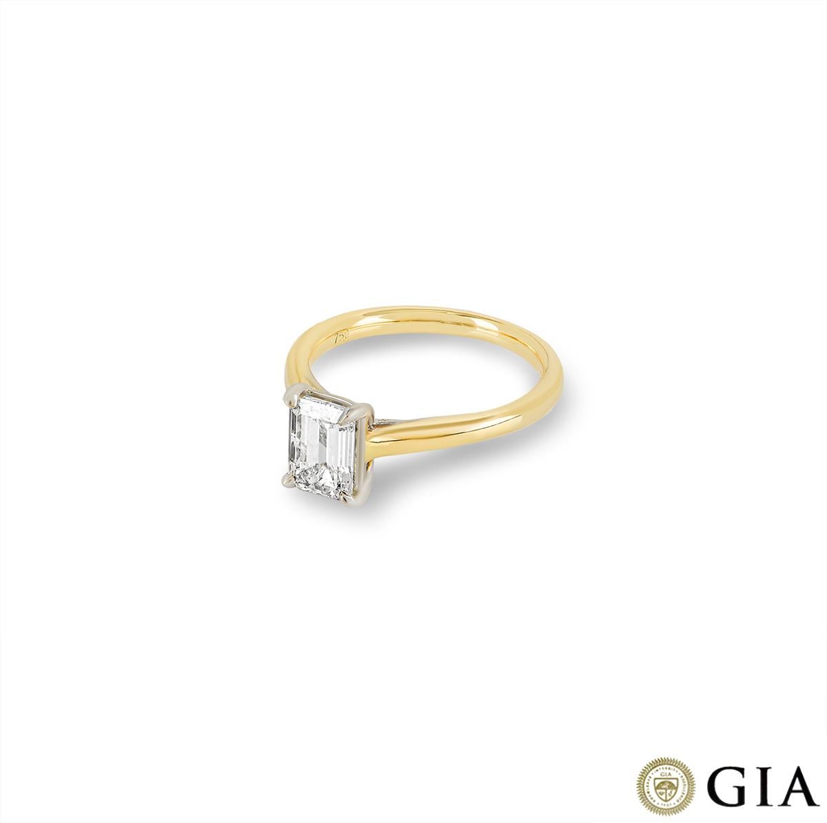 Women's GIA Cert Yellow Gold Emerald Cut Diamond Solitaire Engagement Ring 1.31 Carat For Sale