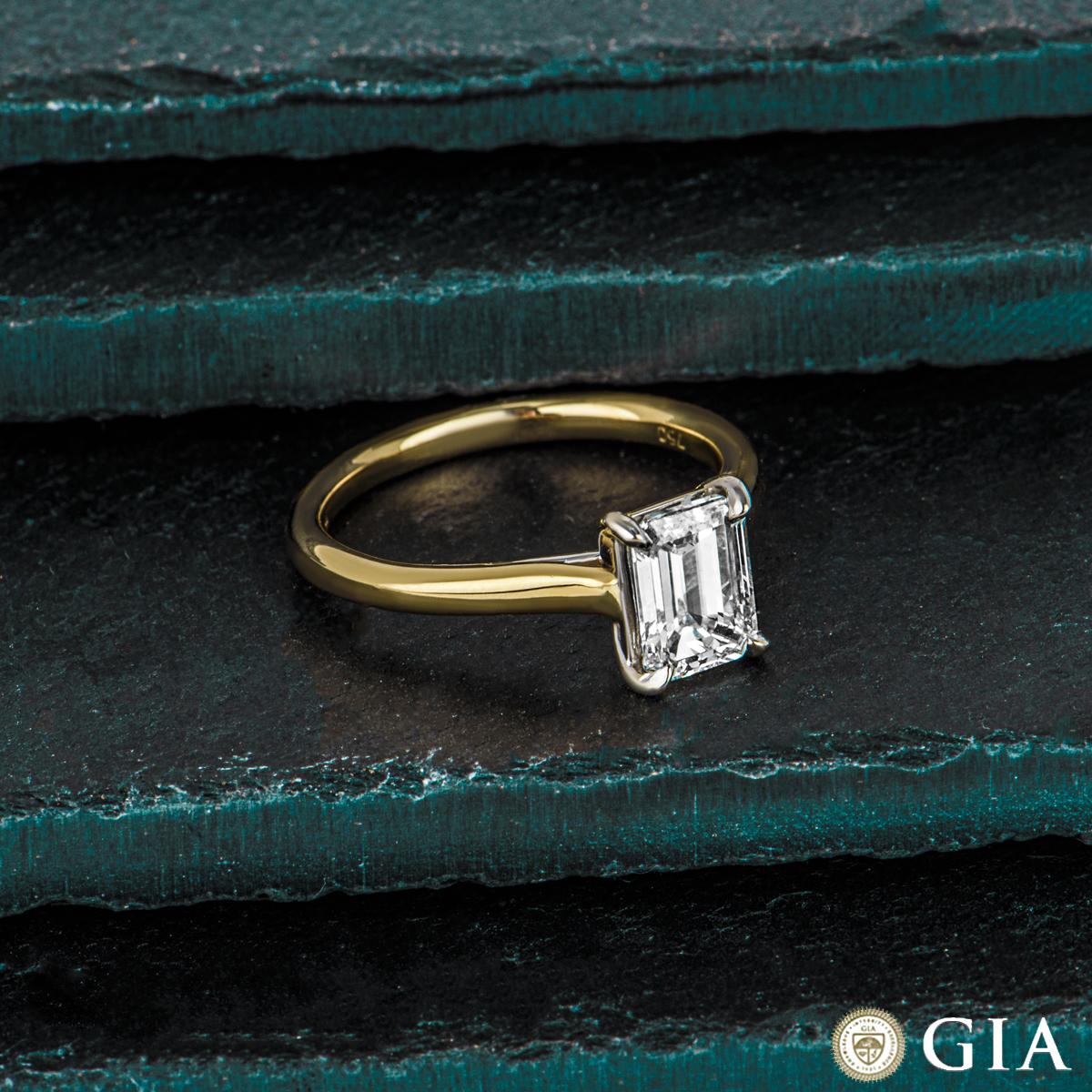 GIA Cert Yellow Gold Emerald Cut Diamond Solitaire Engagement Ring 1.31 Carat For Sale 1