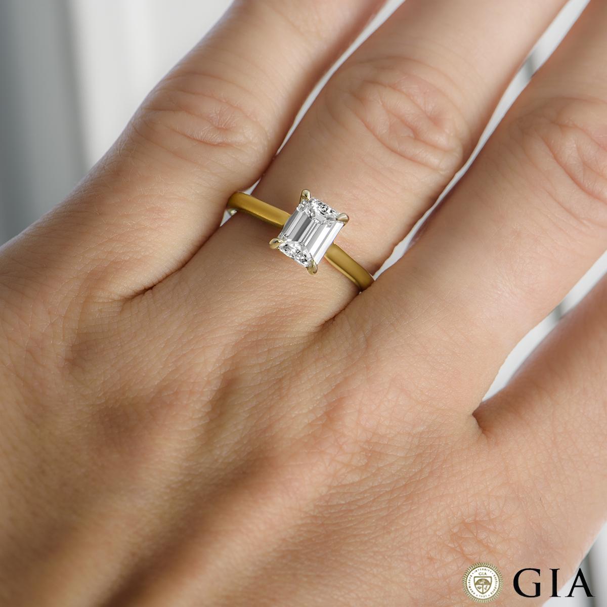 GIA Cert Yellow Gold Emerald Cut Diamond Solitaire Engagement Ring 1.31 Carat For Sale 2