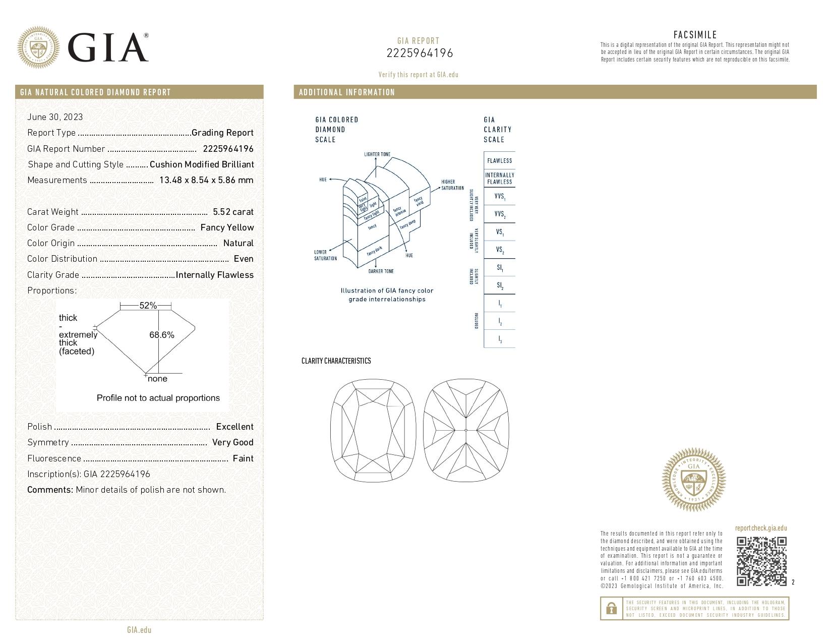 Women's or Men's GIA Certied 5.52 Carat Fancy Yellow Elongated Cushion Cut Diamond Ring For Sale