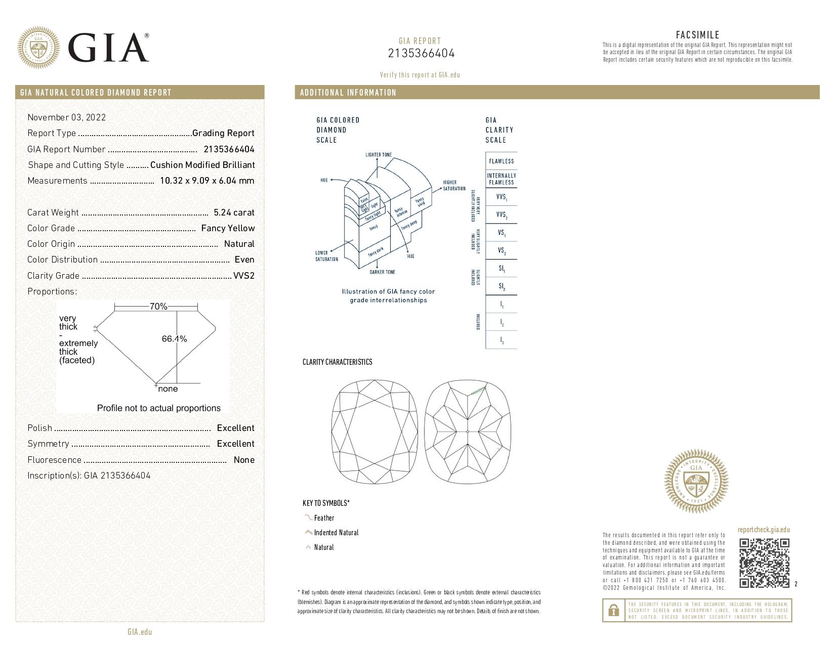GIA Certied 5.24 Carat Fancy Yellow Cushion Cut Diamond Ring VVS2 Clarity In New Condition For Sale In Chicago, IL