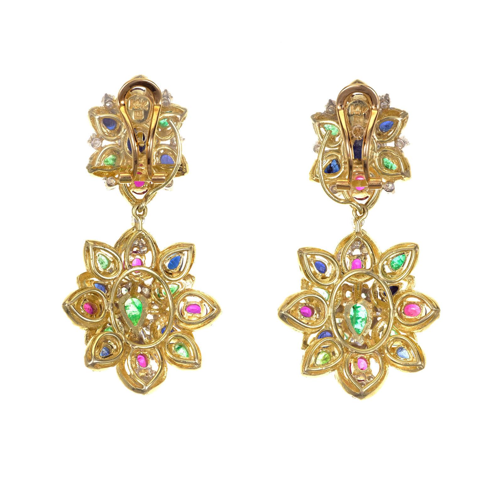 14K day and night cluster dangle earrings with Emeralds, Sapphires, Rubies, and Diamonds. Bottom section may be detached from the tops. One of each colored stones was randomly tested by the GIA. Emeralds test natural, no enhancement. Sapphires test