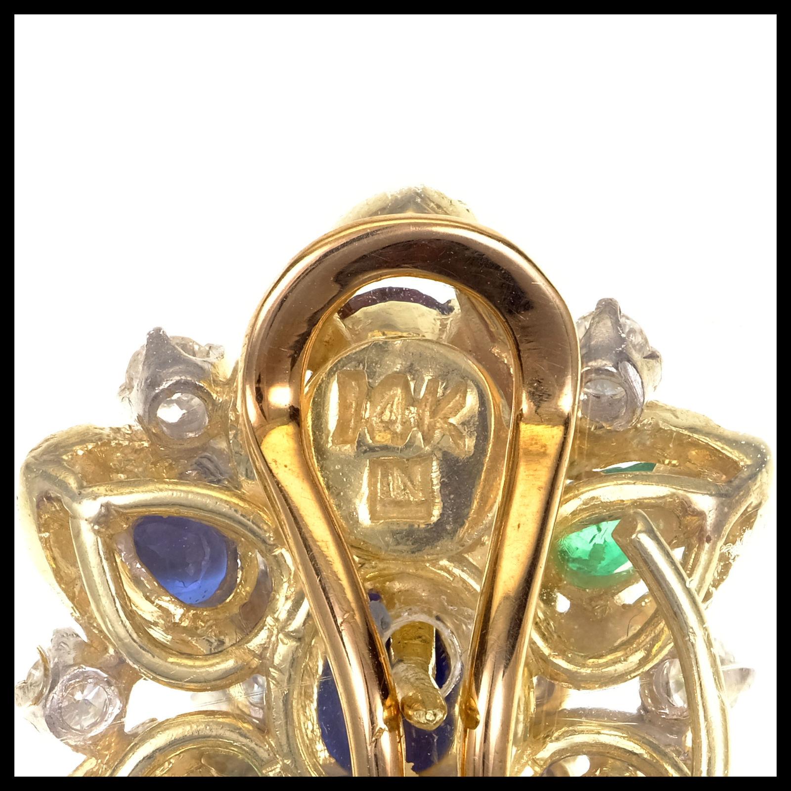Gold-Ohrhänger mit GIA-zertifizierten 11,68 Karat Smaragden, Saphiren, Rubinen und Diamanten (Tropfenschliff) im Angebot