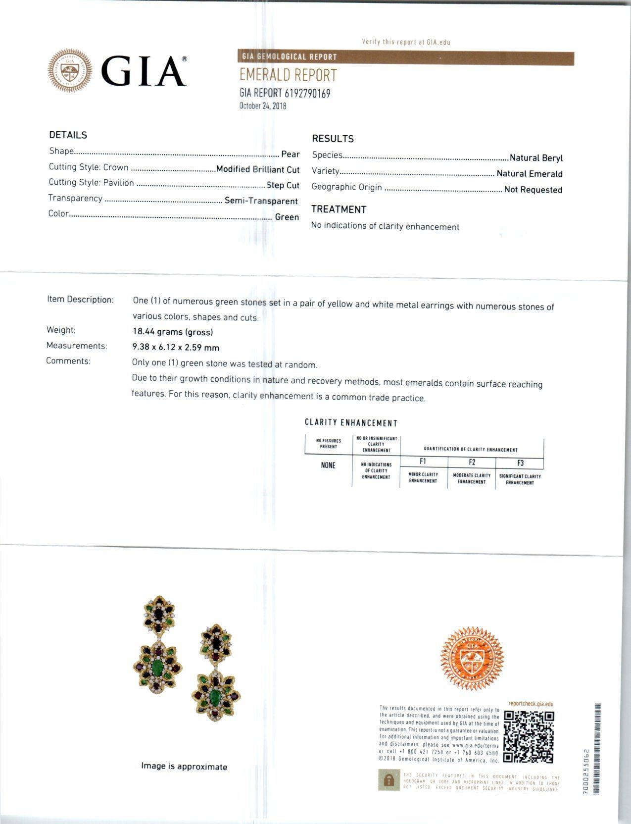 Gold-Ohrhänger mit GIA-zertifizierten 11,68 Karat Smaragden, Saphiren, Rubinen und Diamanten im Angebot 2